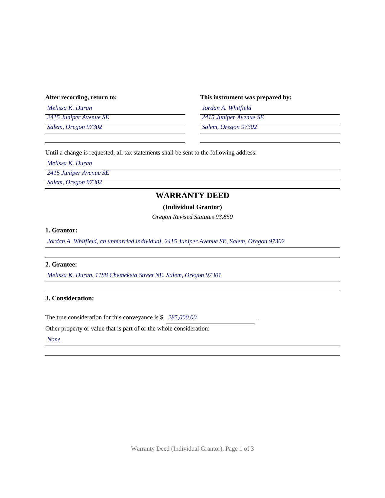Malheur County Completed Example of the Warranty Deed (Individual Grantor) Document