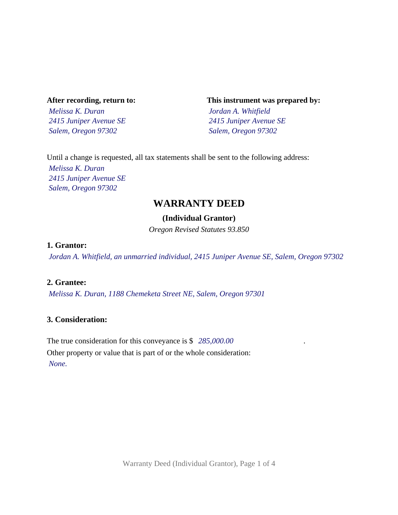 Deschutes County Completed Example of the Warranty Deed (Individual Grantor) Document
