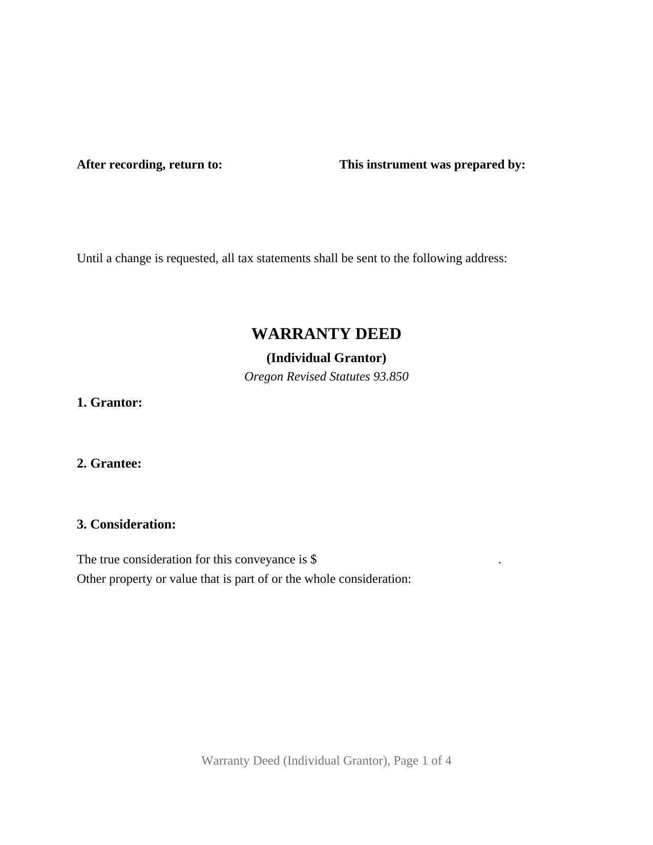 Deschutes County Warranty Deed (Individual Grantor) Form