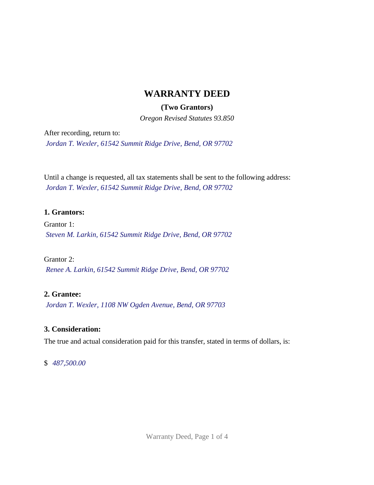 Deschutes County Completed Example of the Warranty Deed (Two Grantors) Document