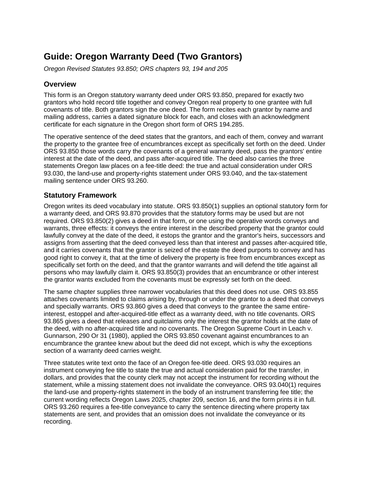 Deschutes County Warranty Deed (Two Grantors) Guide