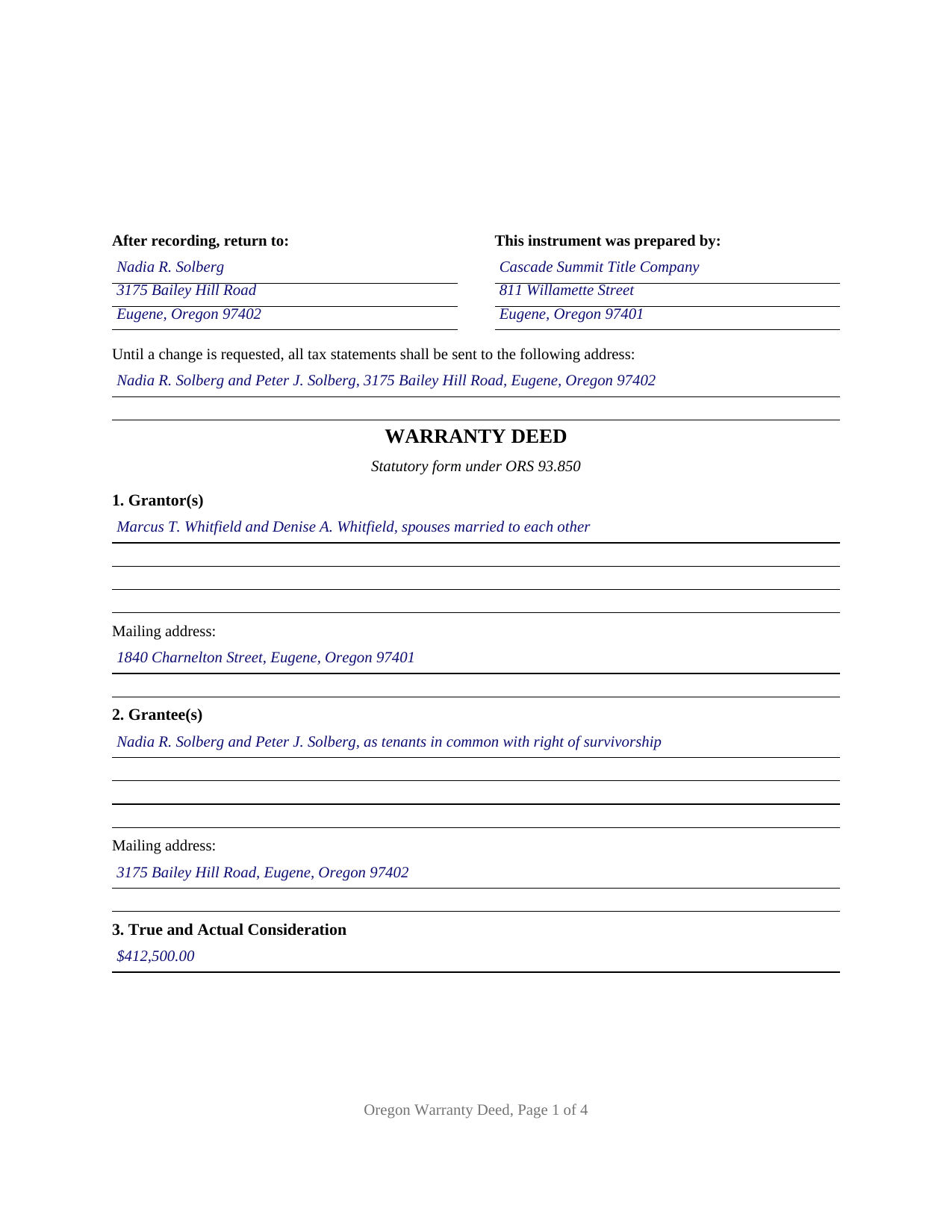 Harney County Completed Example of the Warranty Deed Document