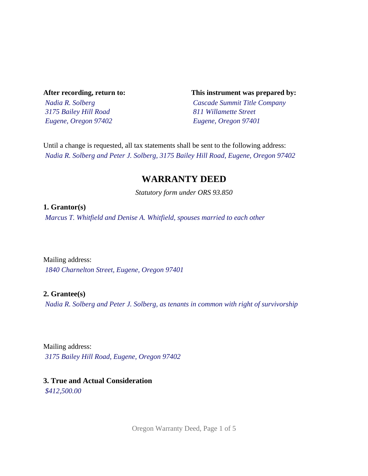 Sherman County Completed Example of the Warranty Deed Document