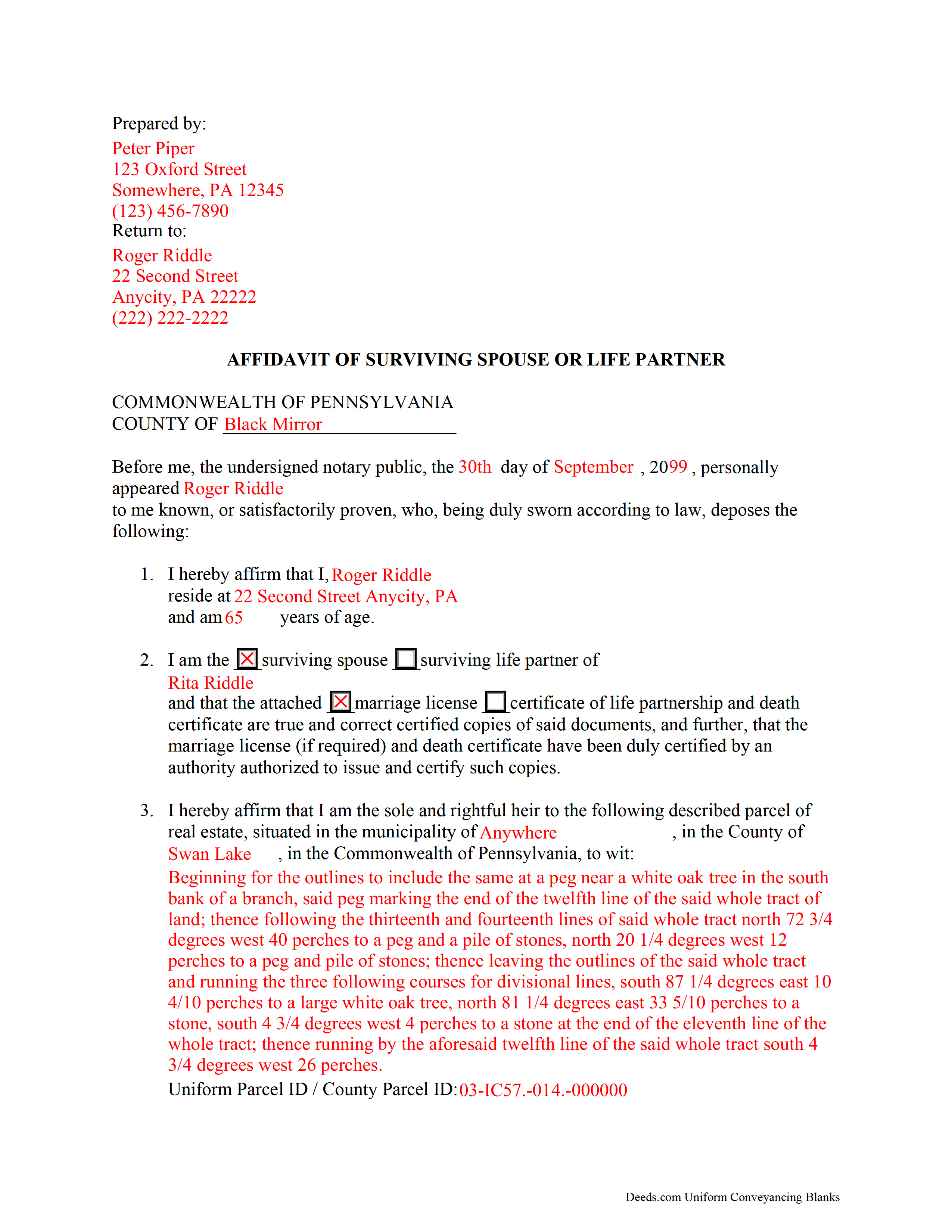 Completed Example of the Affidavit of Surviving Spouse Document