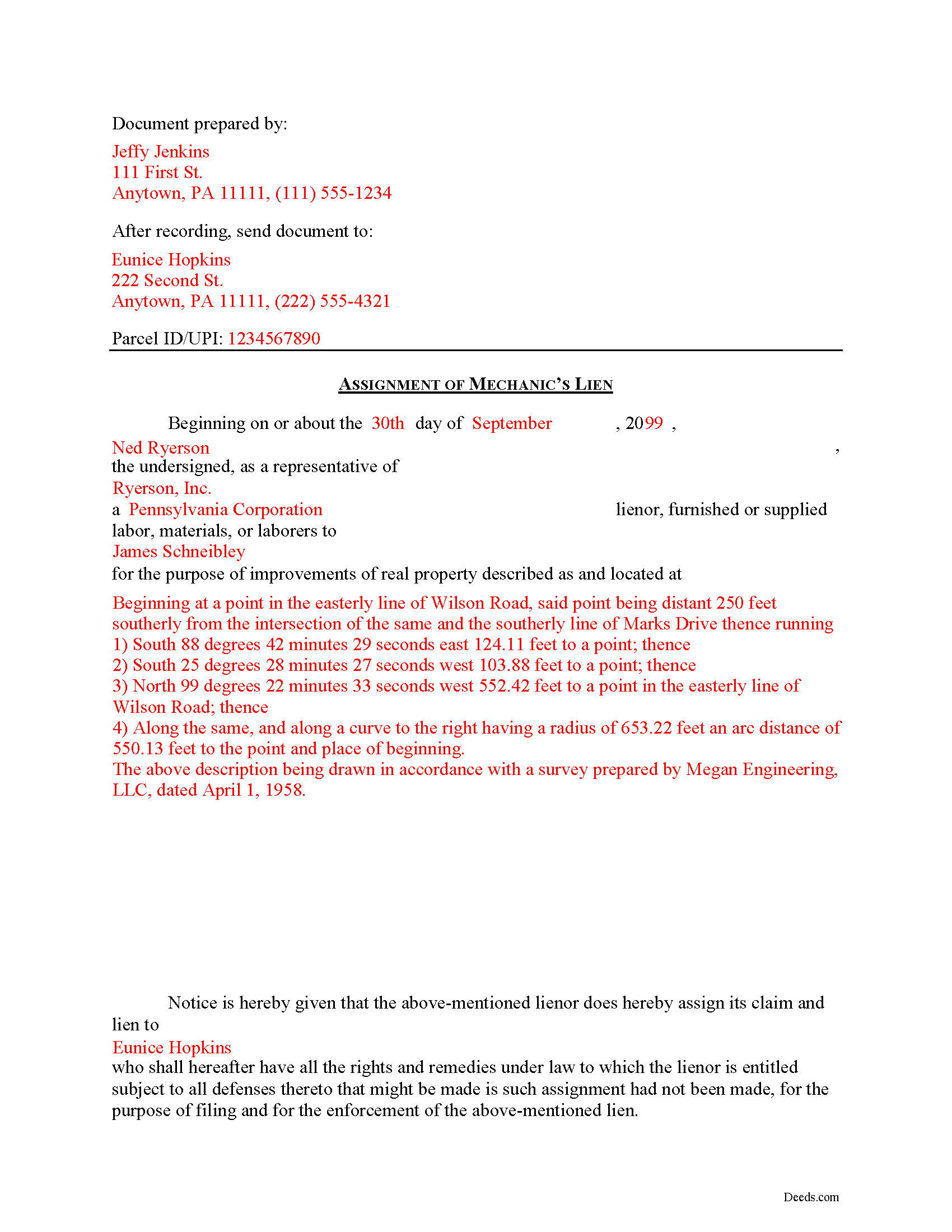 Completed Example of the Assignment of Lien Document