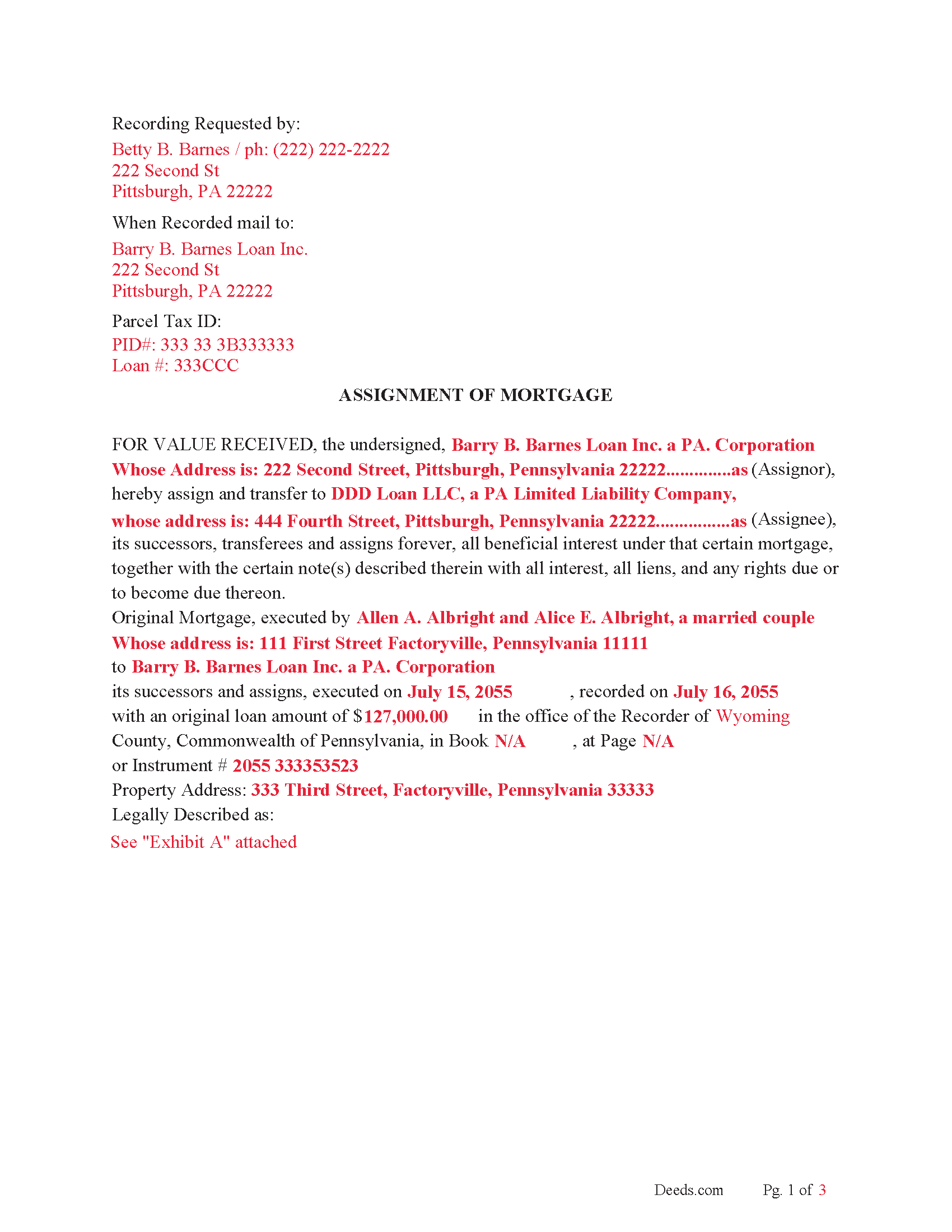 Completed Example of the Assignment of Mortgage Document