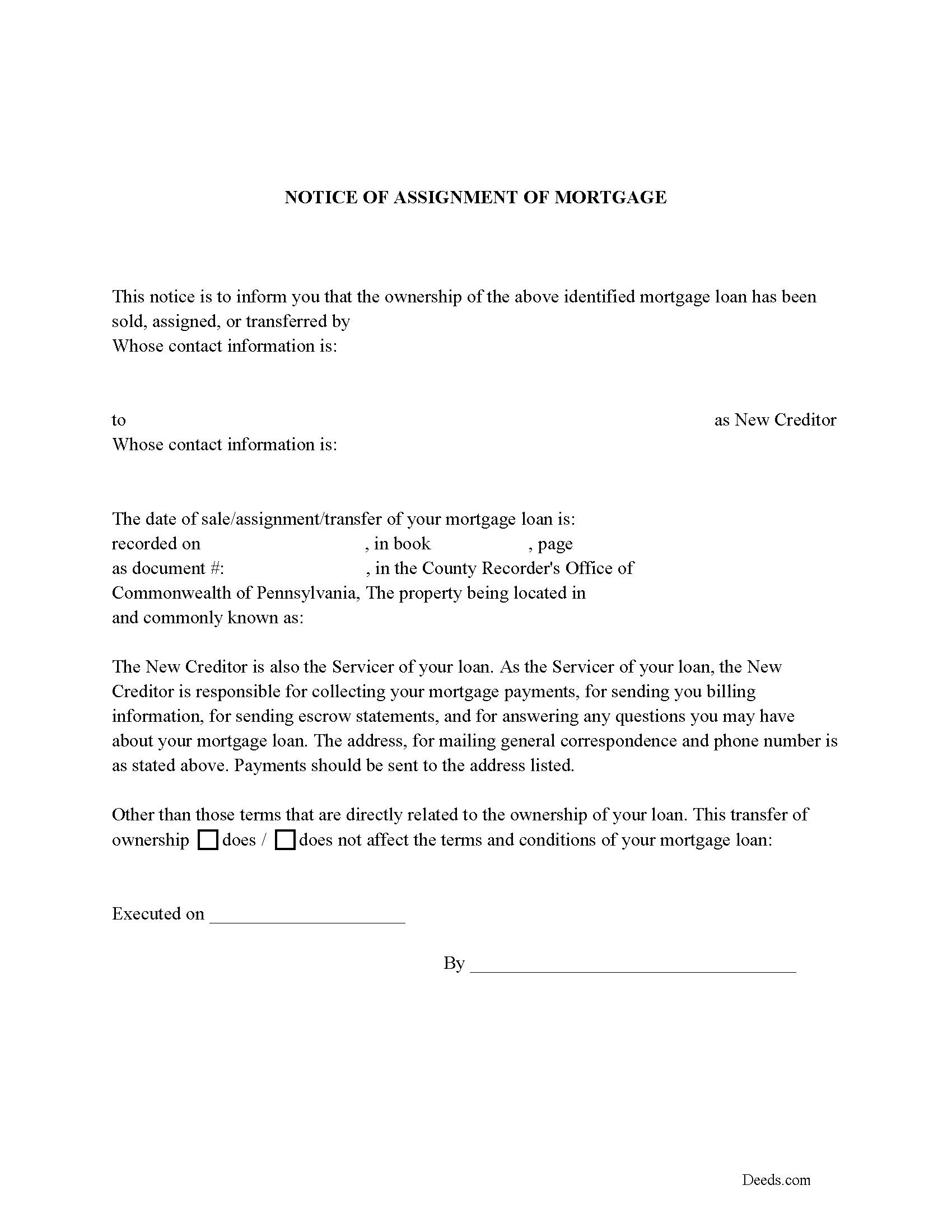 Notice of Assignment of Mortgage Form