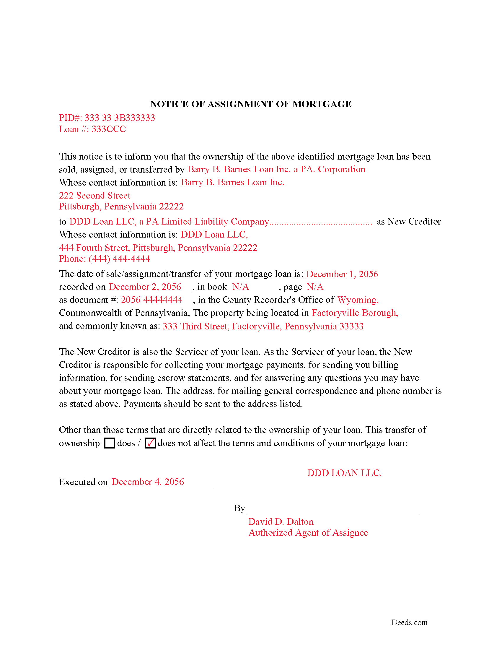 Completed Example of Notice of Assignment Document