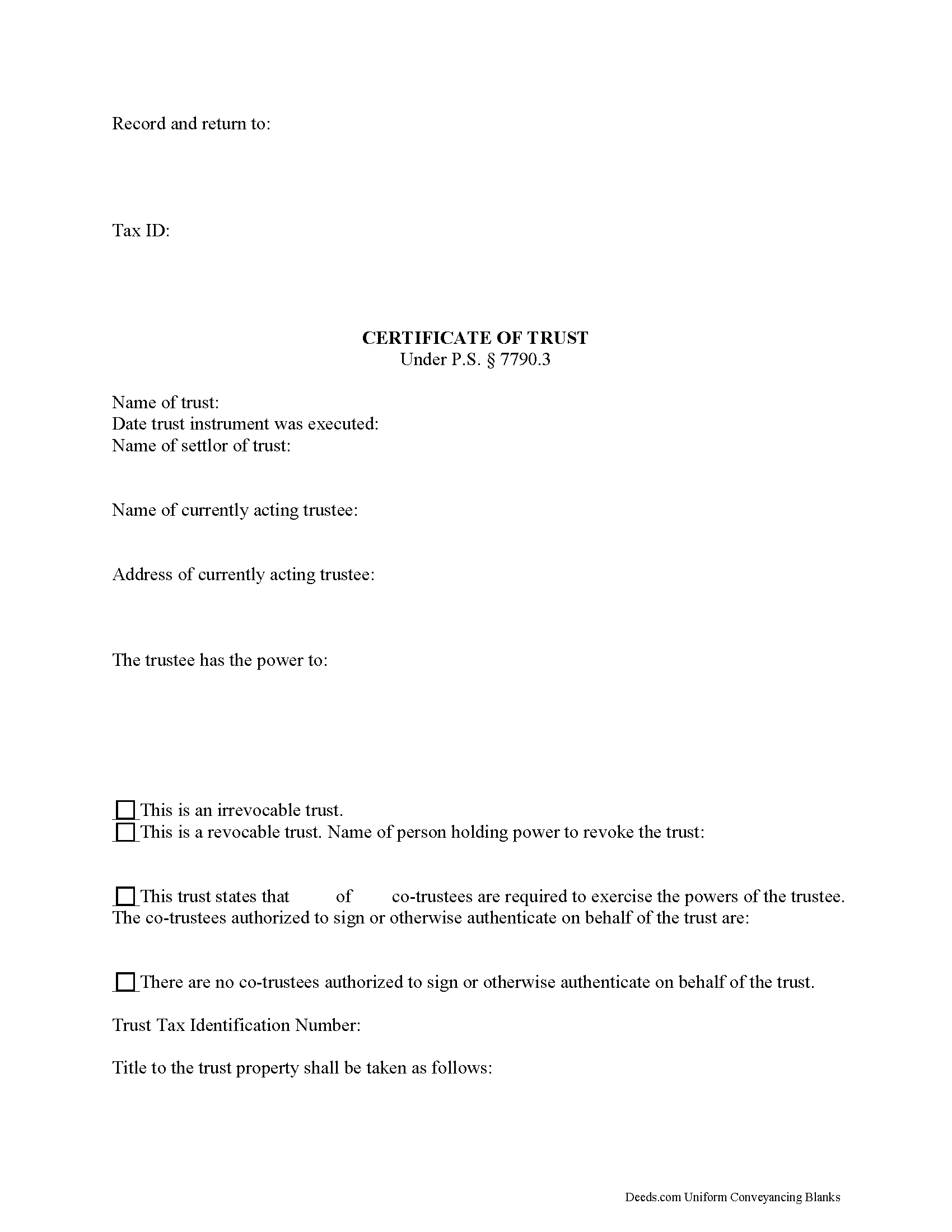 Certificate of Trust Form