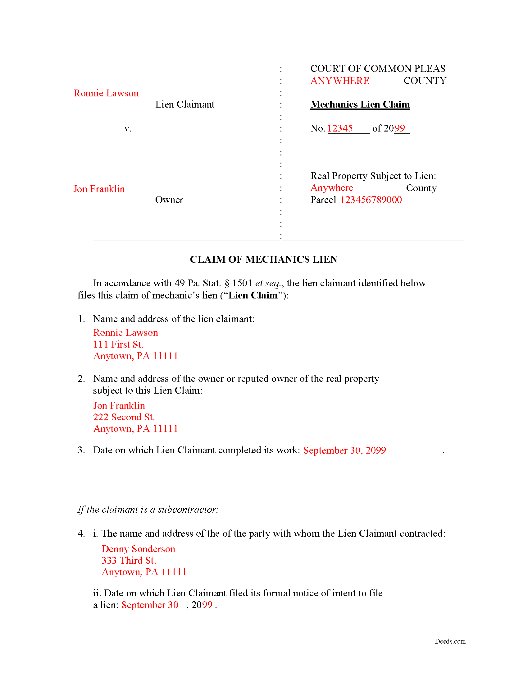 Completed Example of the Claim of Mechanics Lien Document