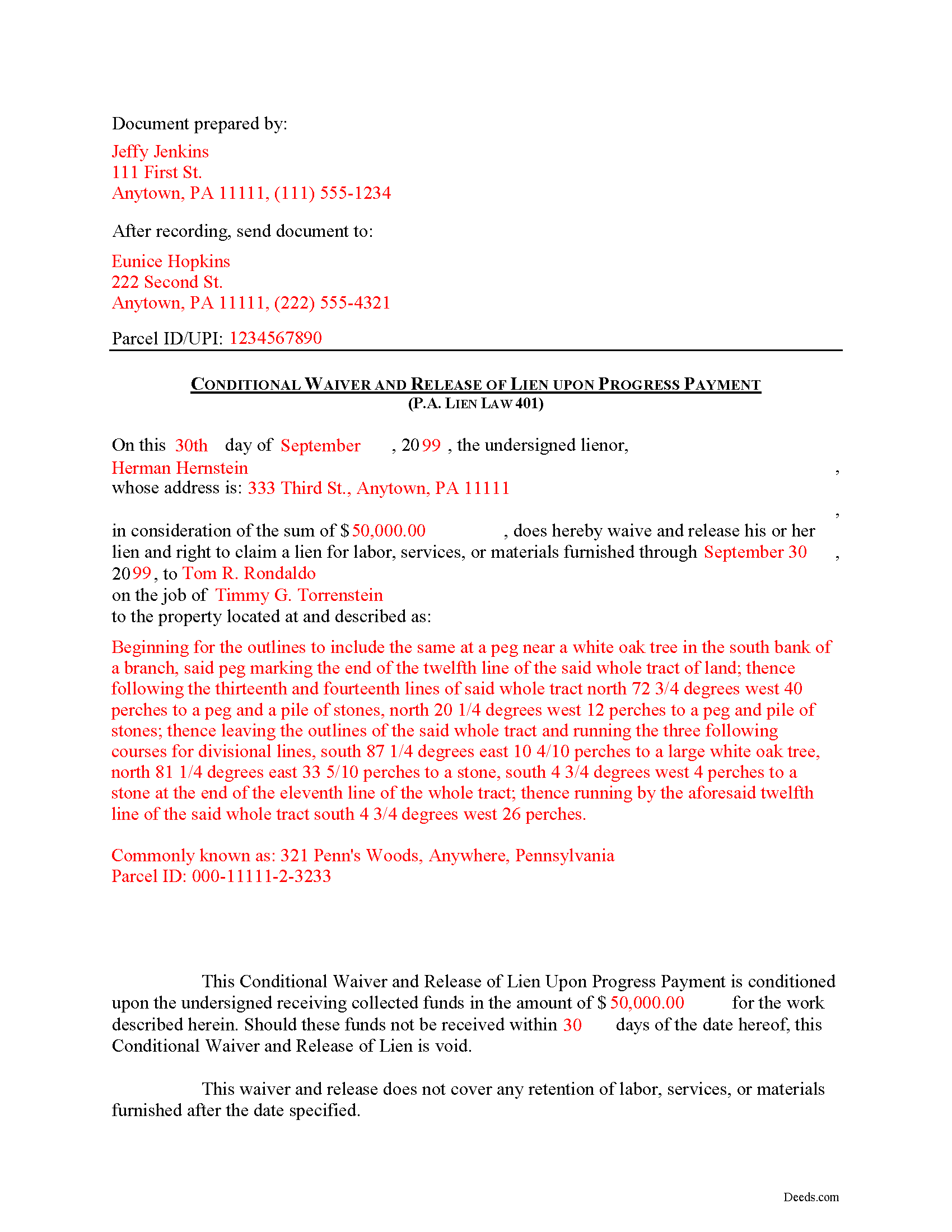 Completed Example of the Conditional Lien Waiver on Progress Payment Document