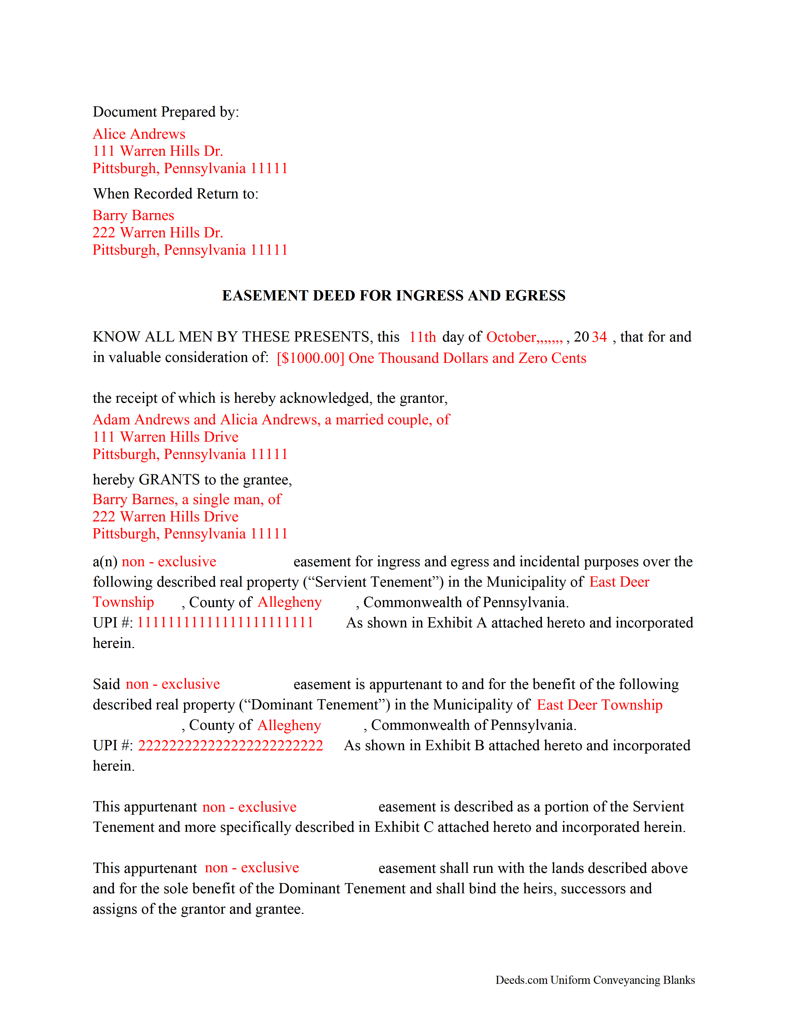 Completed Example of the Easement Deed