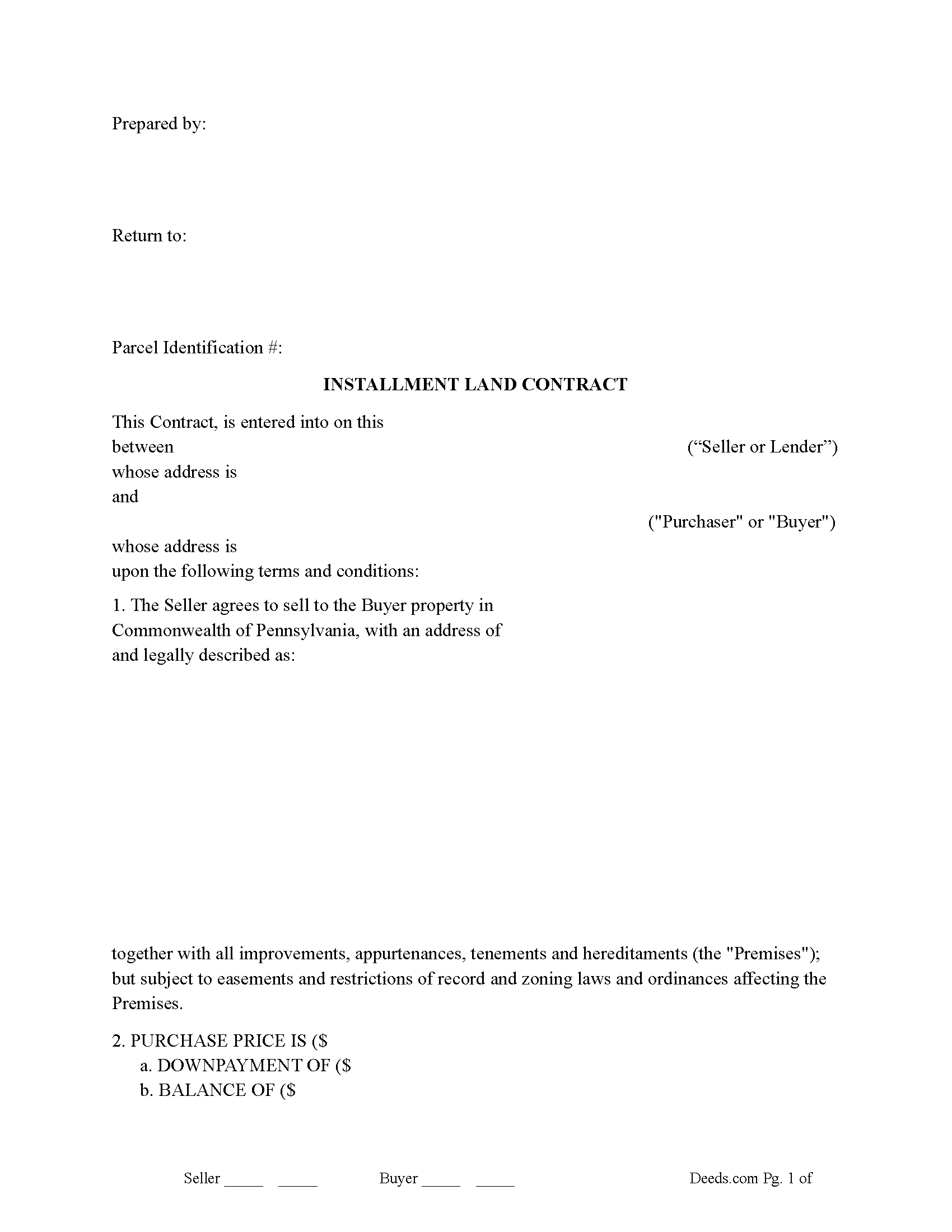 Bucks County Installment Land Contract Form