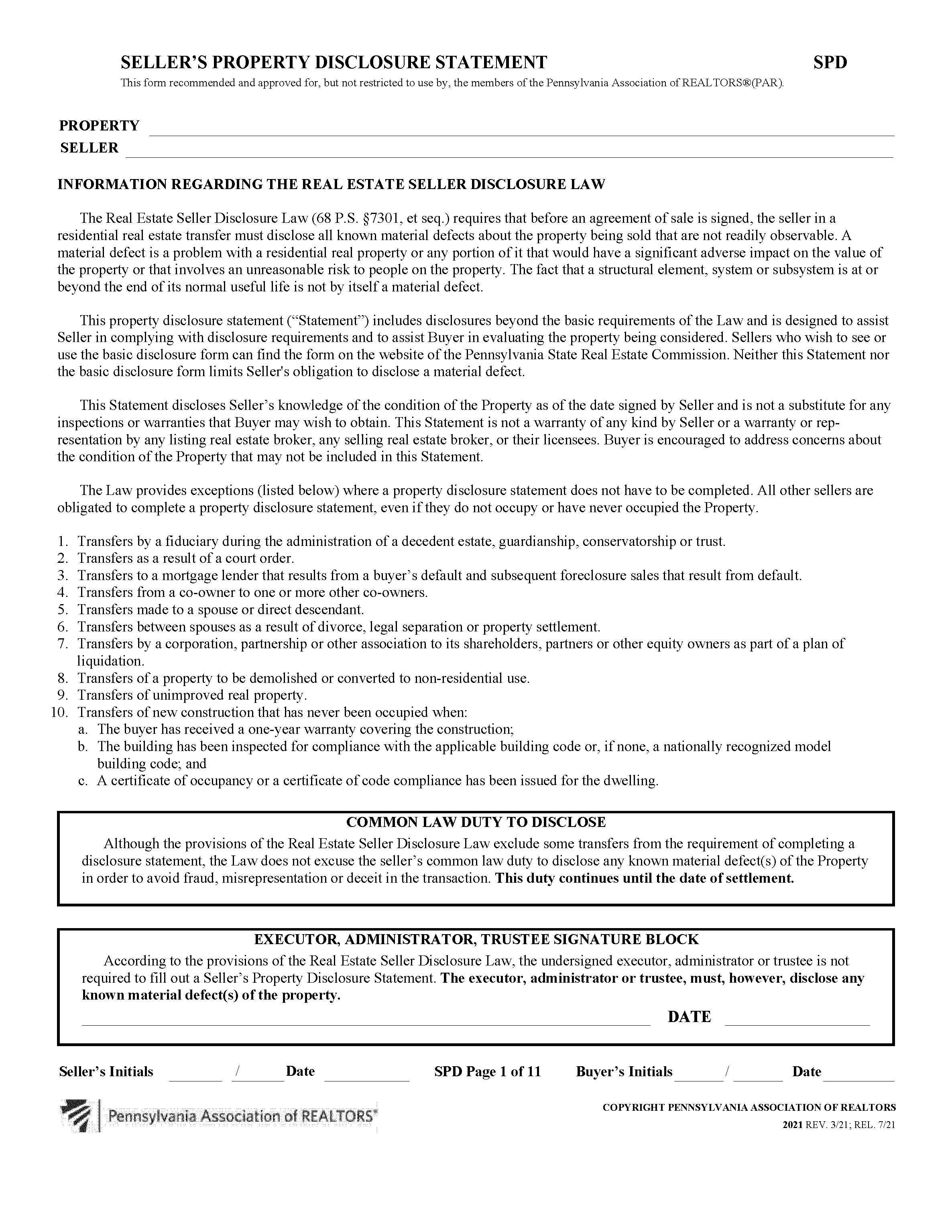 Bucks County Residential Sellers Property Disclosure Statement
