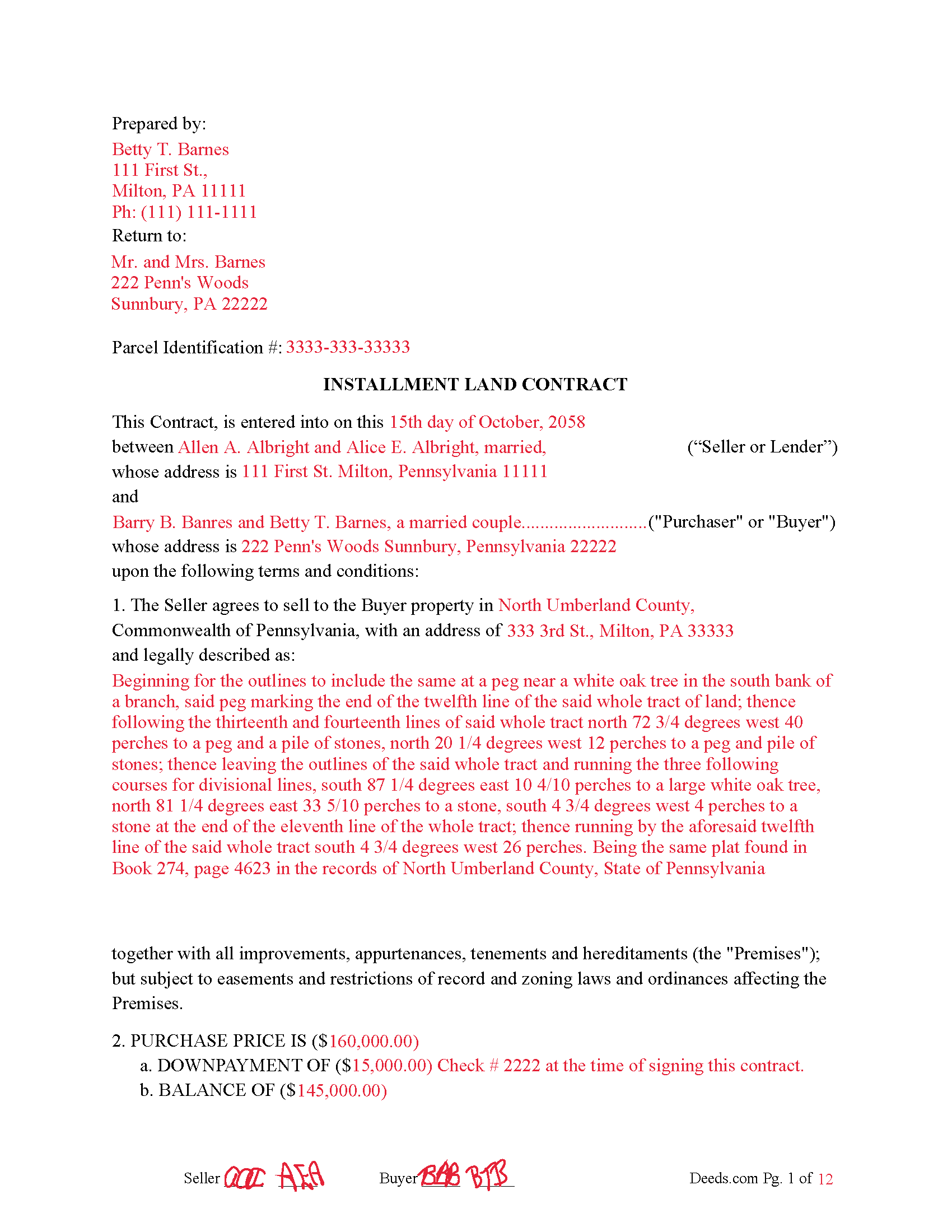 Bucks County Completed Example of the Installment Land Contract Document