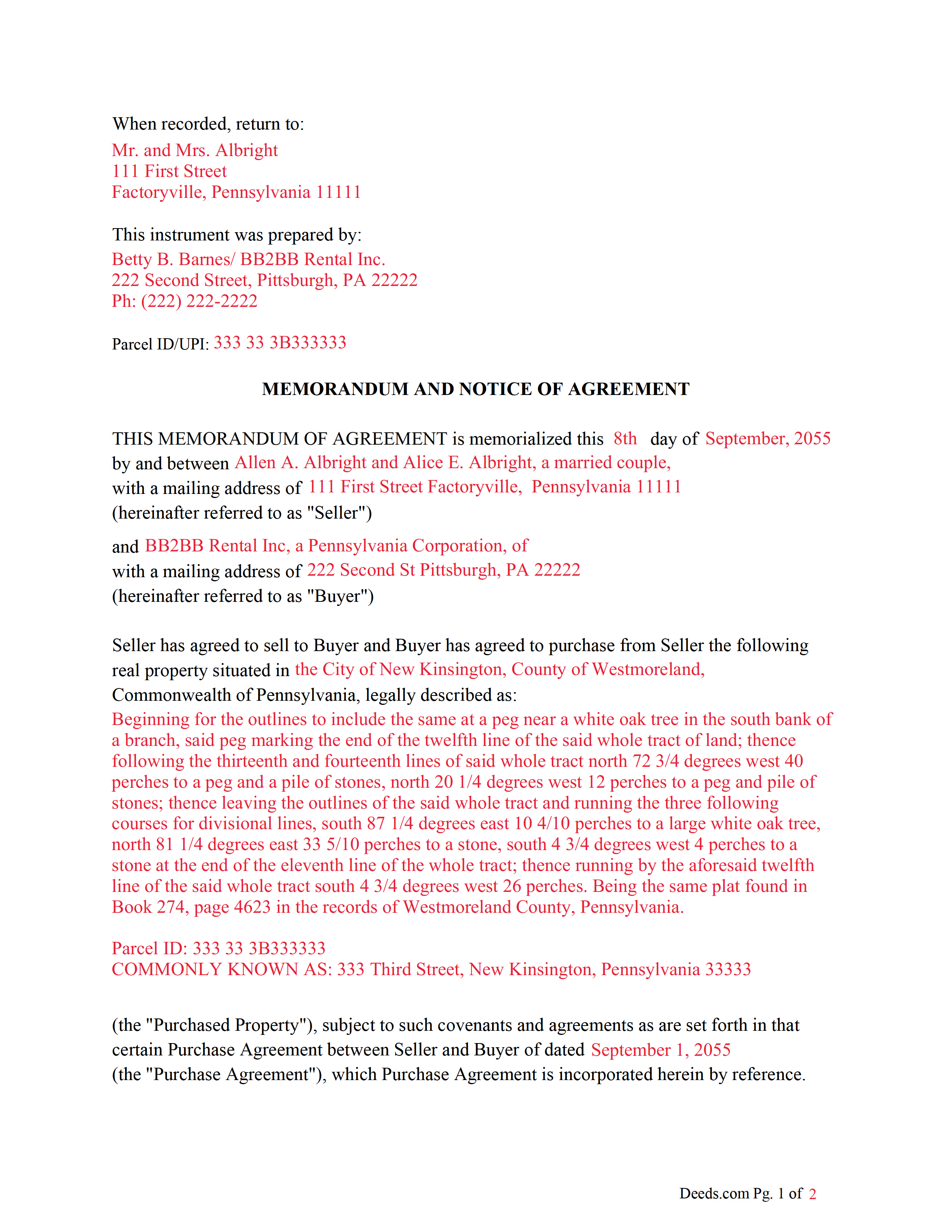 Completed Example of the Memorandum and Notice of Agreement Document