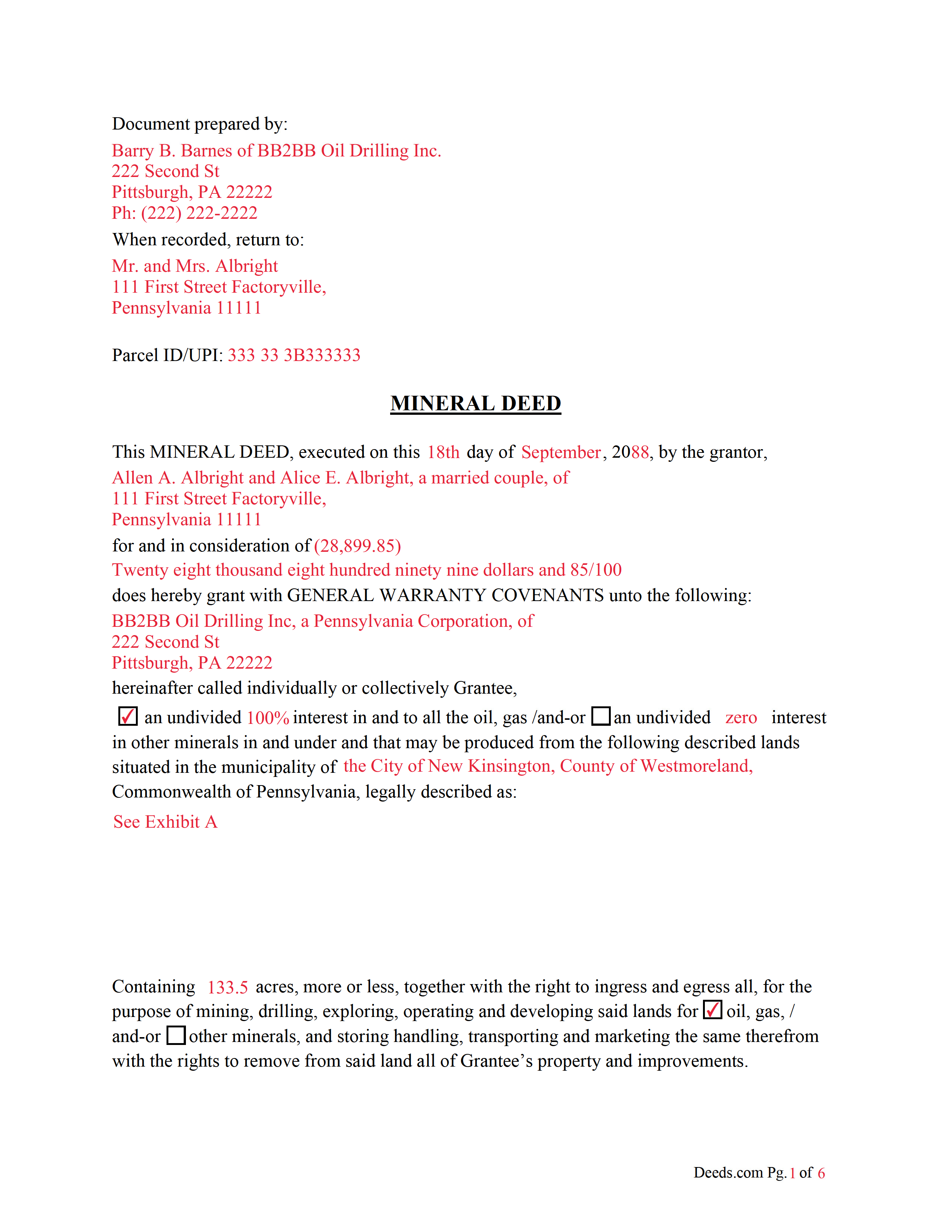 Completed Example of the Mineral Deed Document