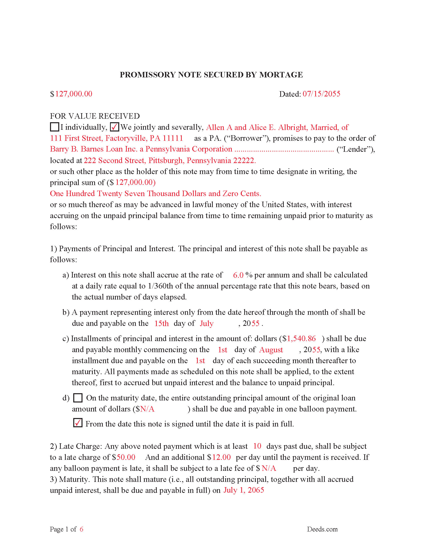 Completed Example of the Promissory Note Document