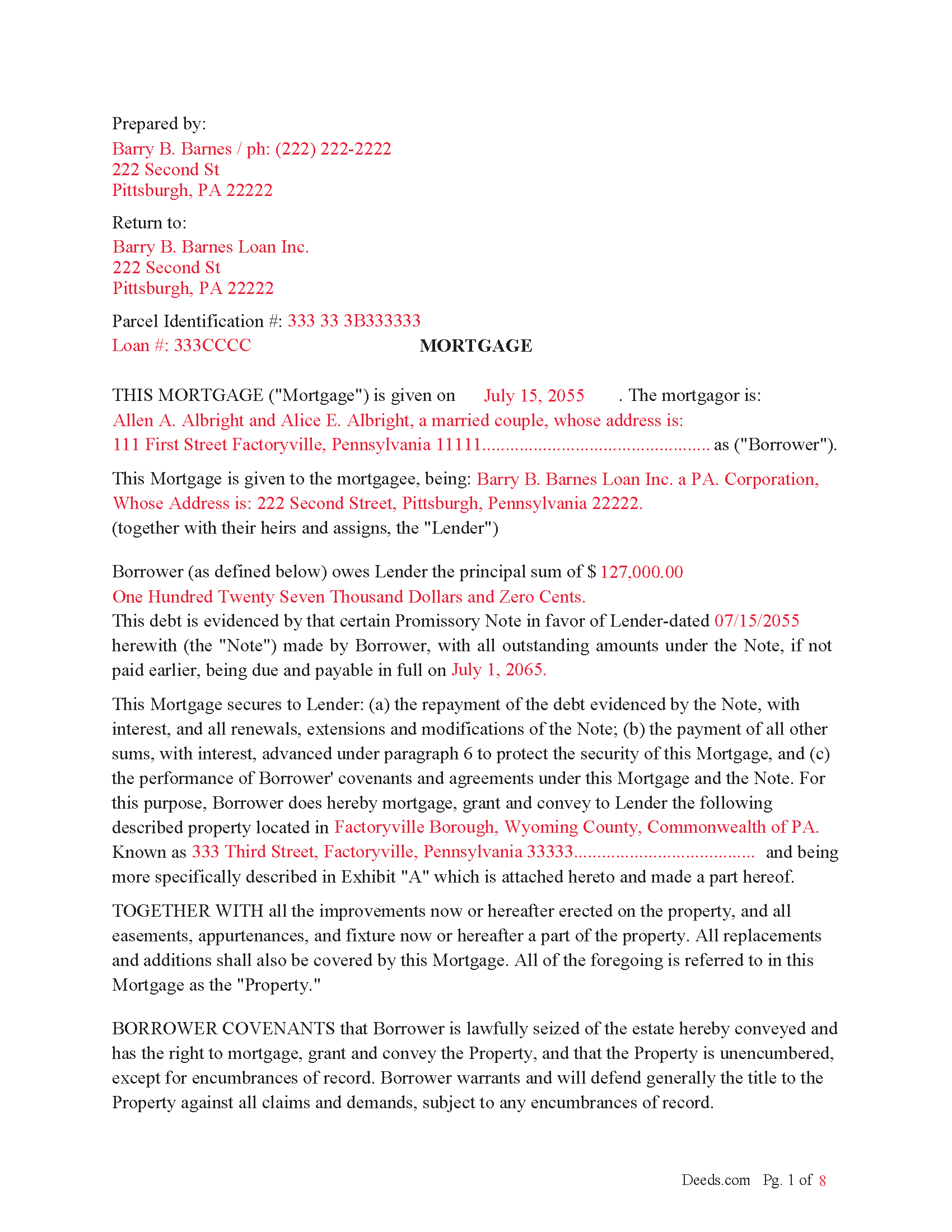 Completed Example of the Mortgage Document