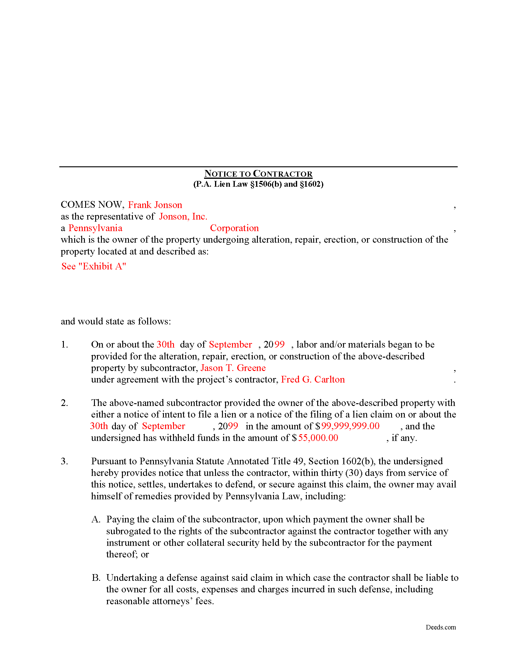 Completed Example of the Notice to Contractor Document