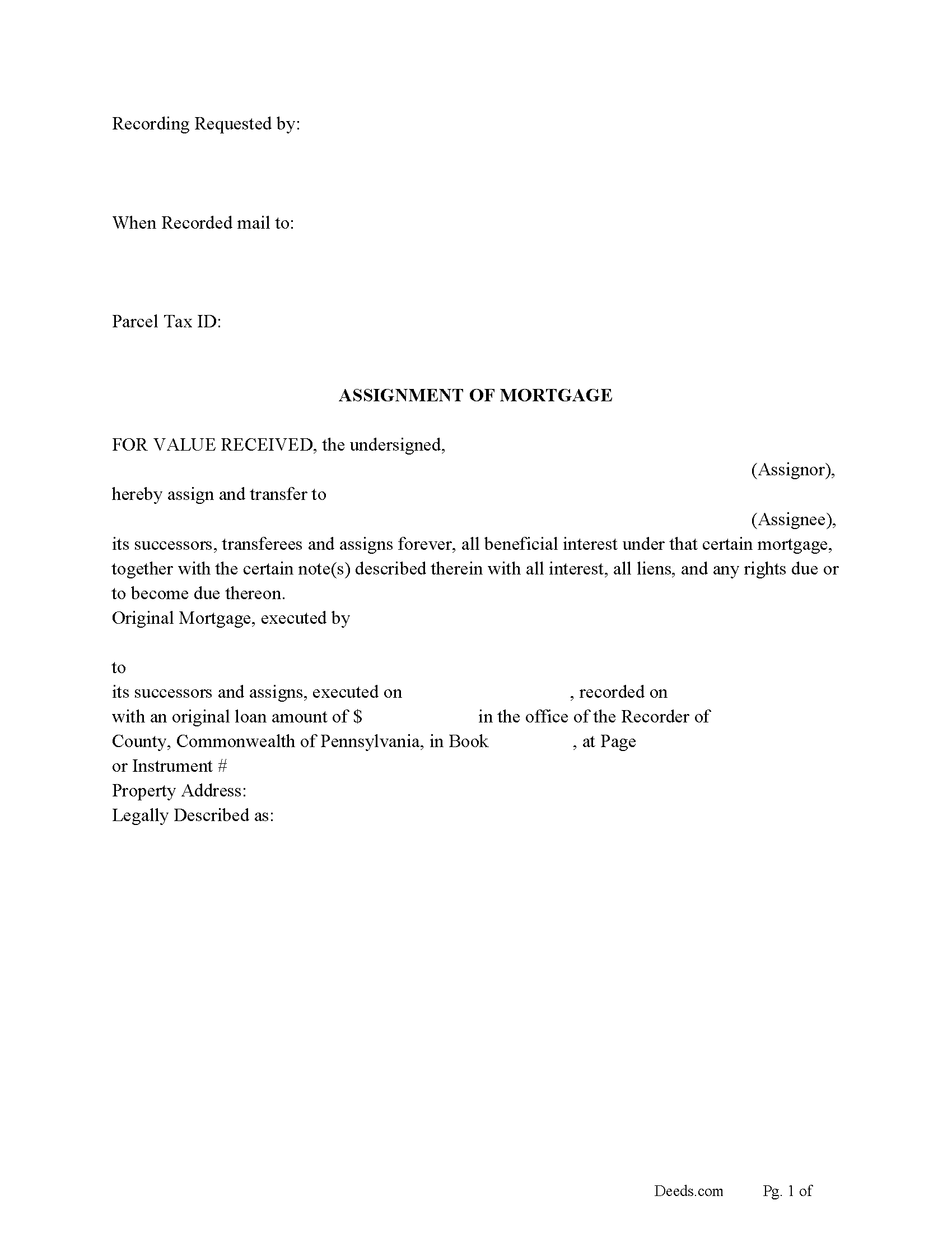 Pennsylvania Assignment of Mortgage Image