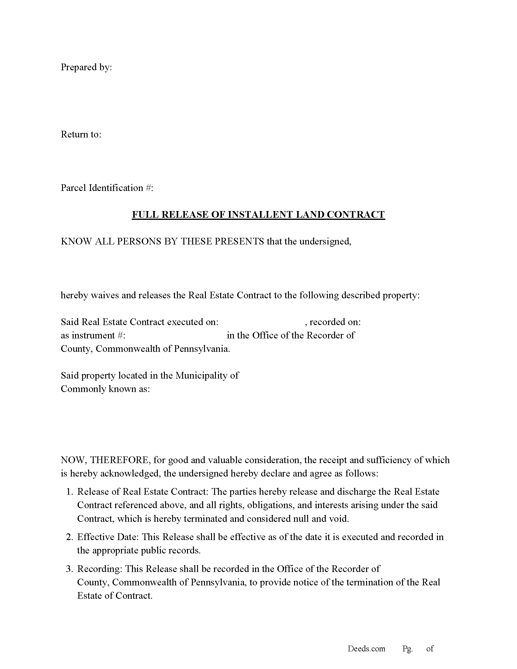 Pennsylvania Full Release of Installment Land Contract Image