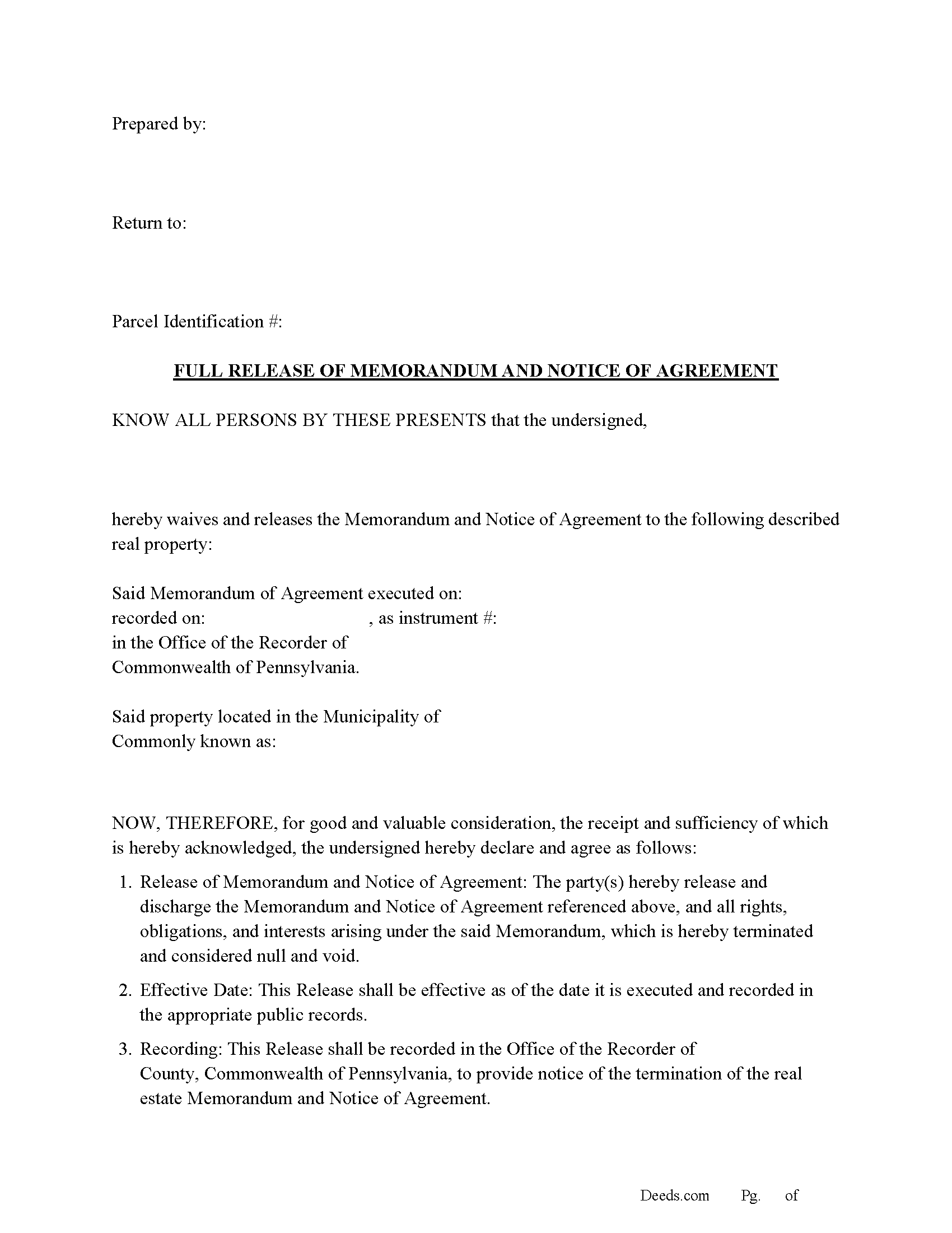Pennsylvania Full Release of Memorandum and Notice of Agreement Image