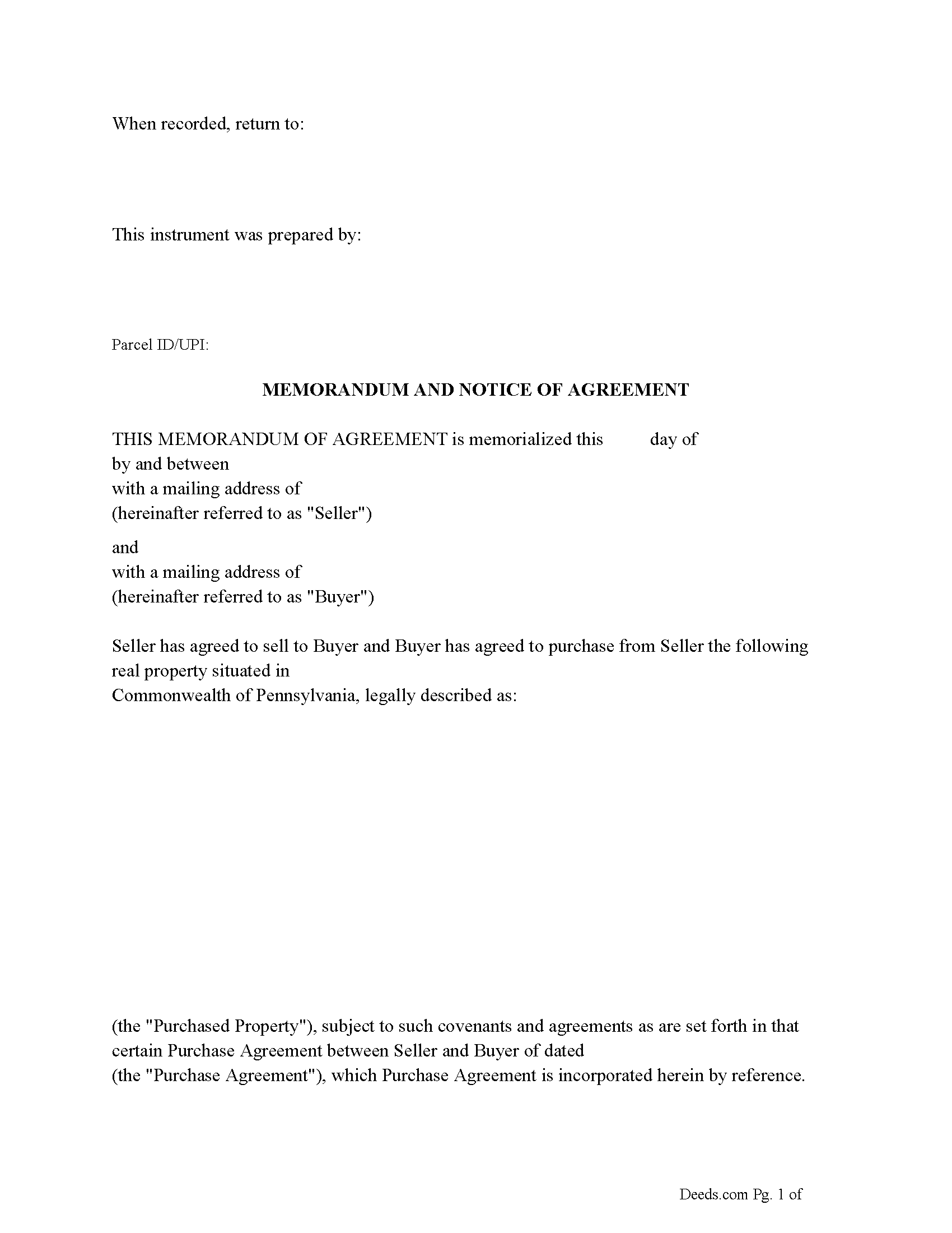 Pennsylvania Memorandum and Notice of Agreement Image