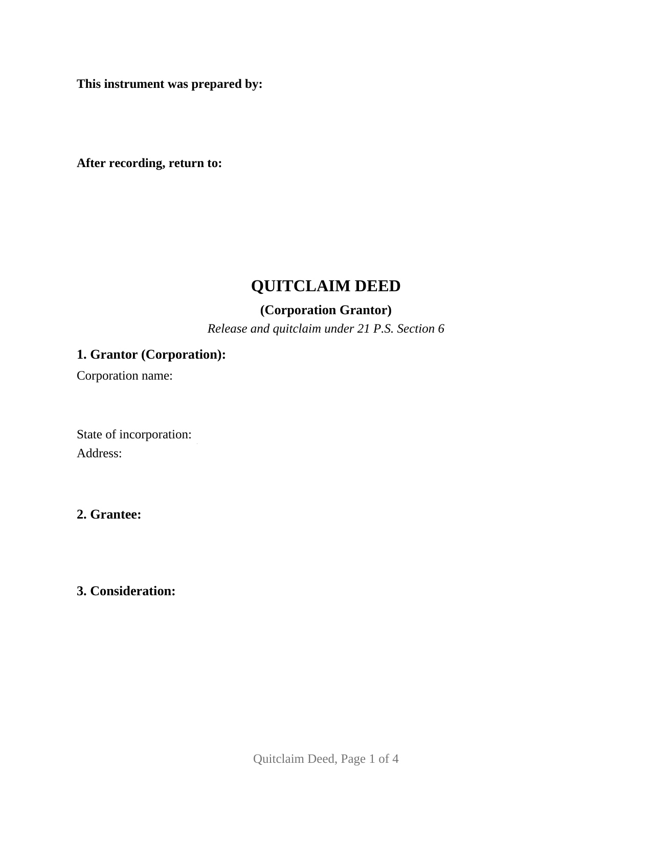 Pennsylvania Quitclaim Deed (Corporation Grantor)