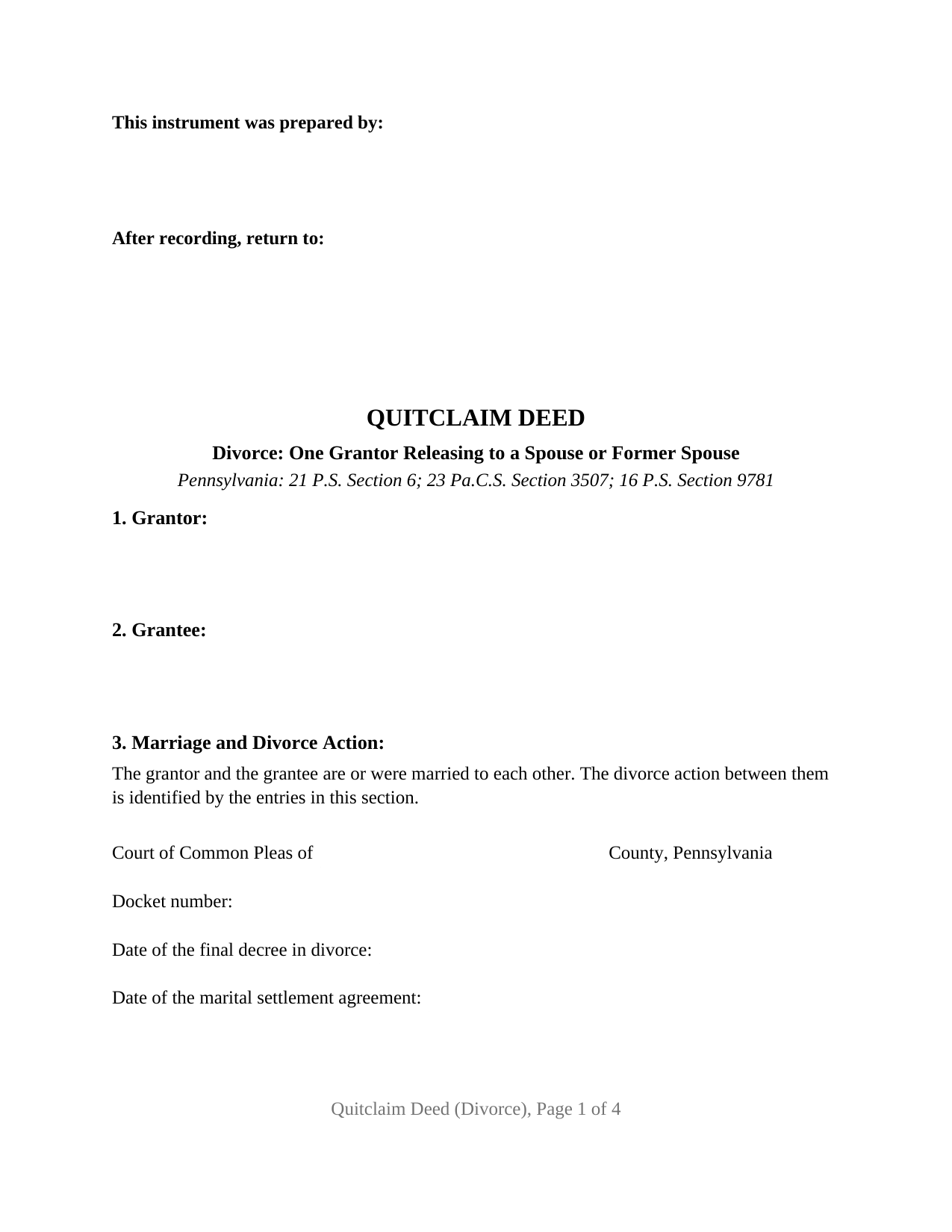 Pennsylvania Quitclaim Deed (Divorce)