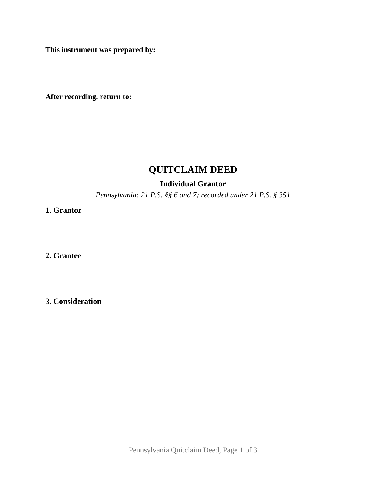 Pennsylvania Quitclaim Deed (Individual Grantor)