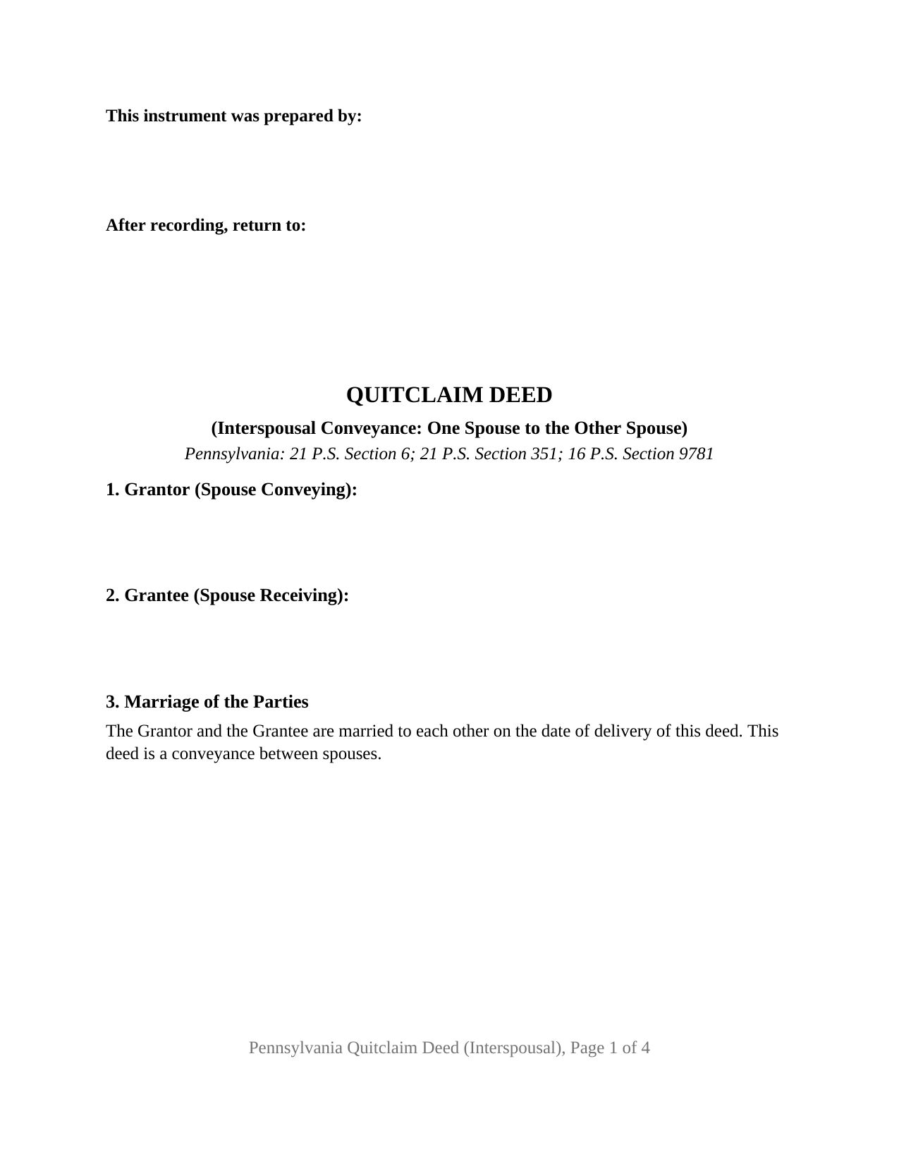 Pennsylvania Quitclaim Deed (Interspousal)