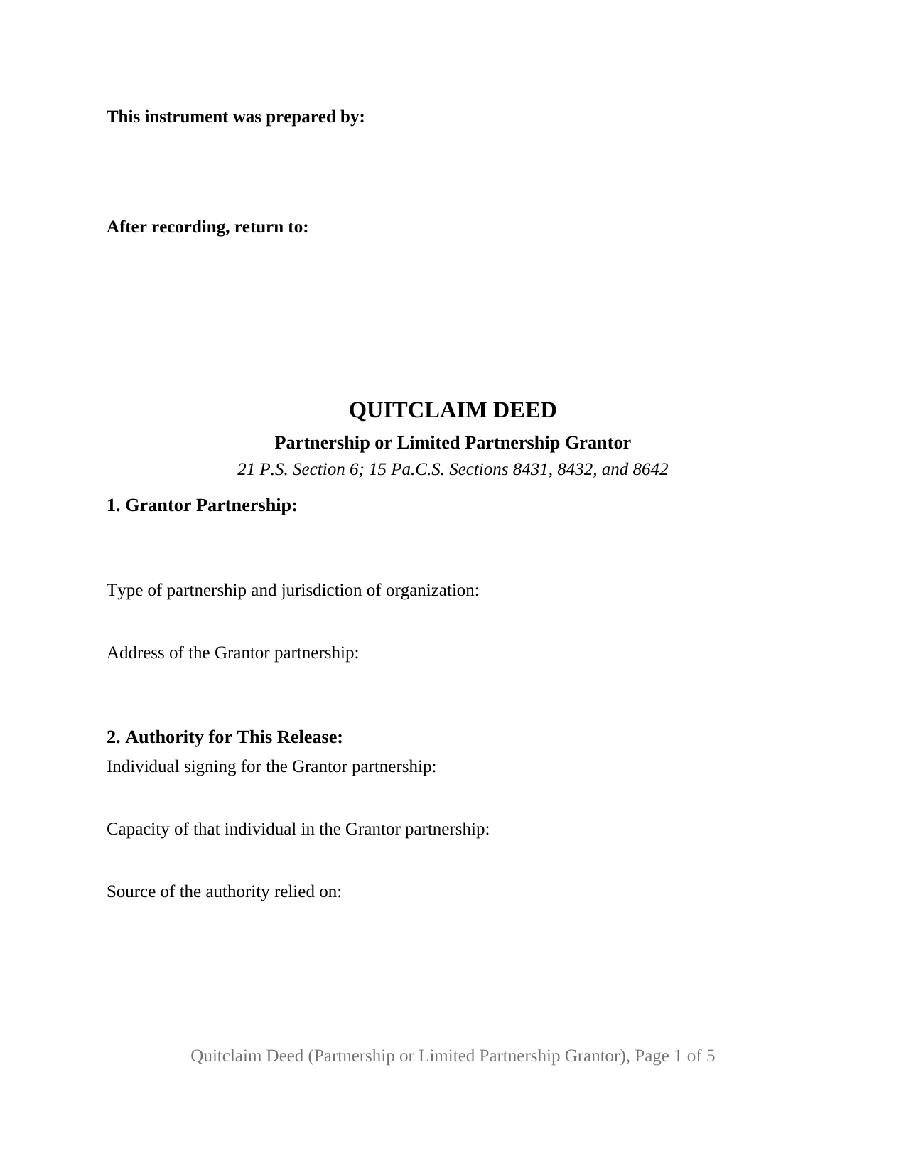 Pennsylvania Quitclaim Deed (Partnership or Limited Partnership Grantor)