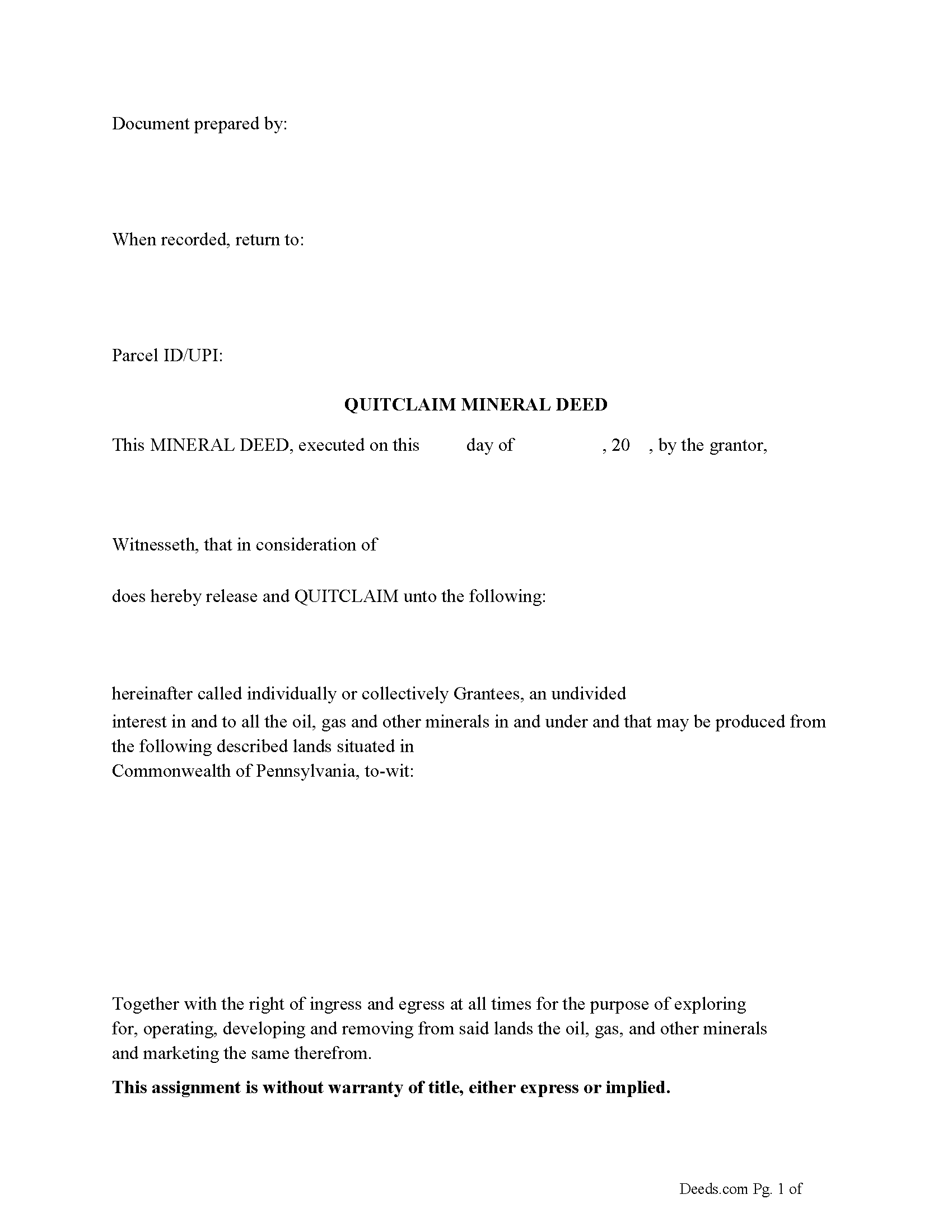 Pennsylvania Quitclaim Mineral Deed Image