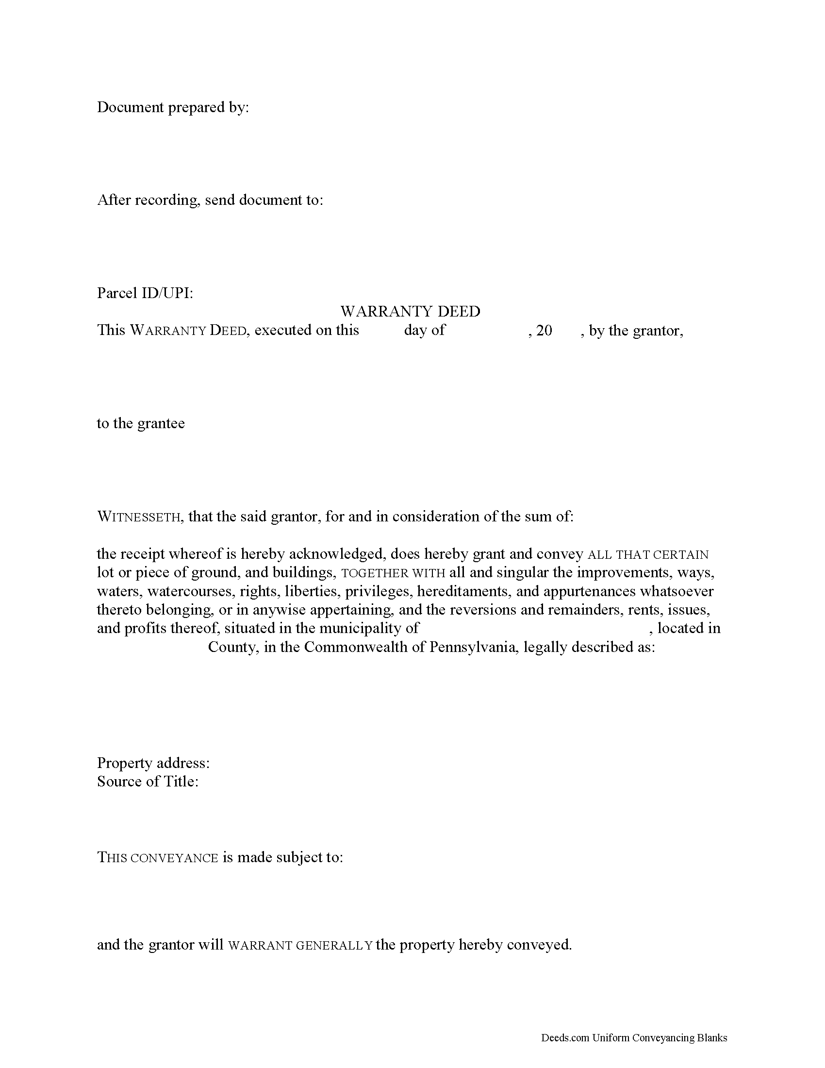 Pennsylvania Warranty Deed Image