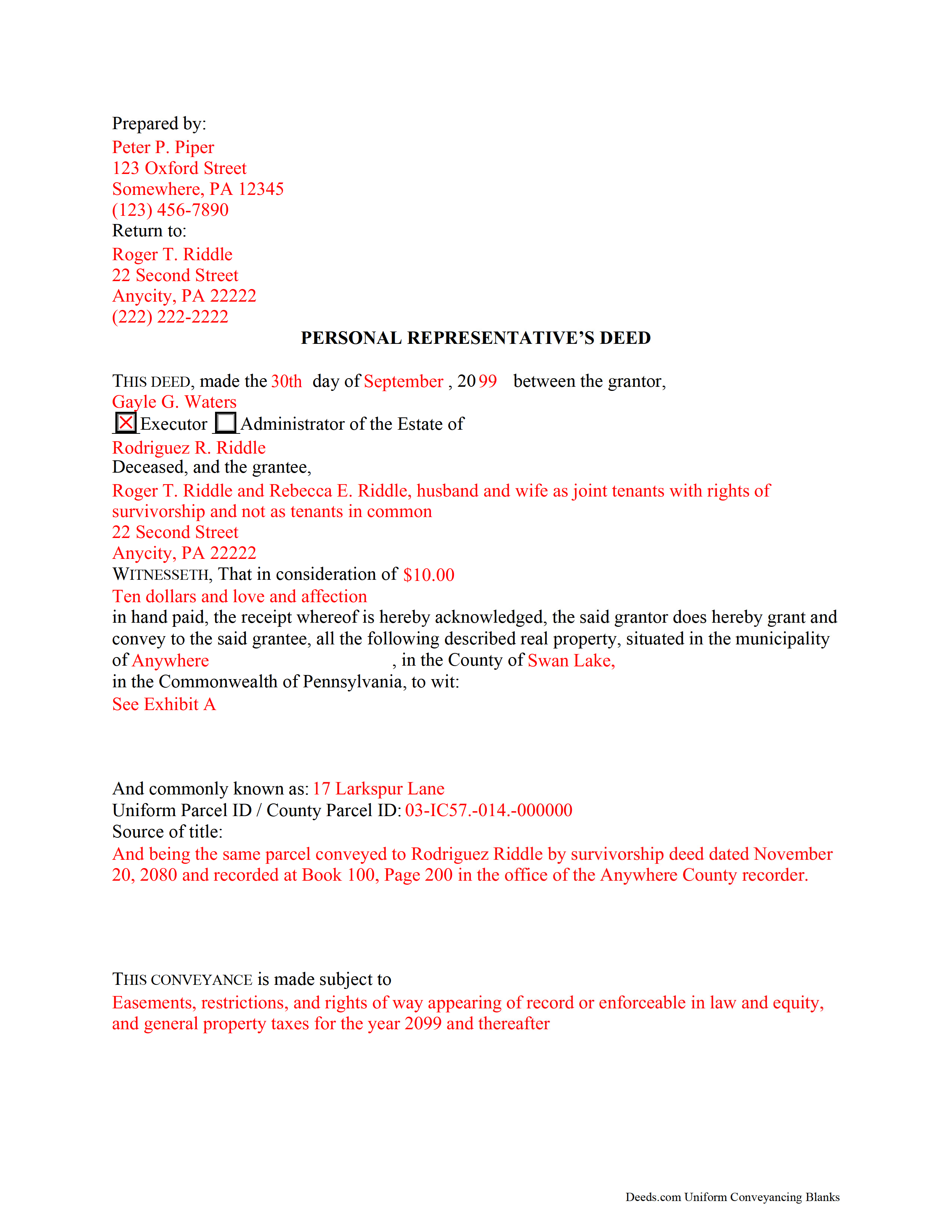 Completed Example of the Personal Representative Deed Document