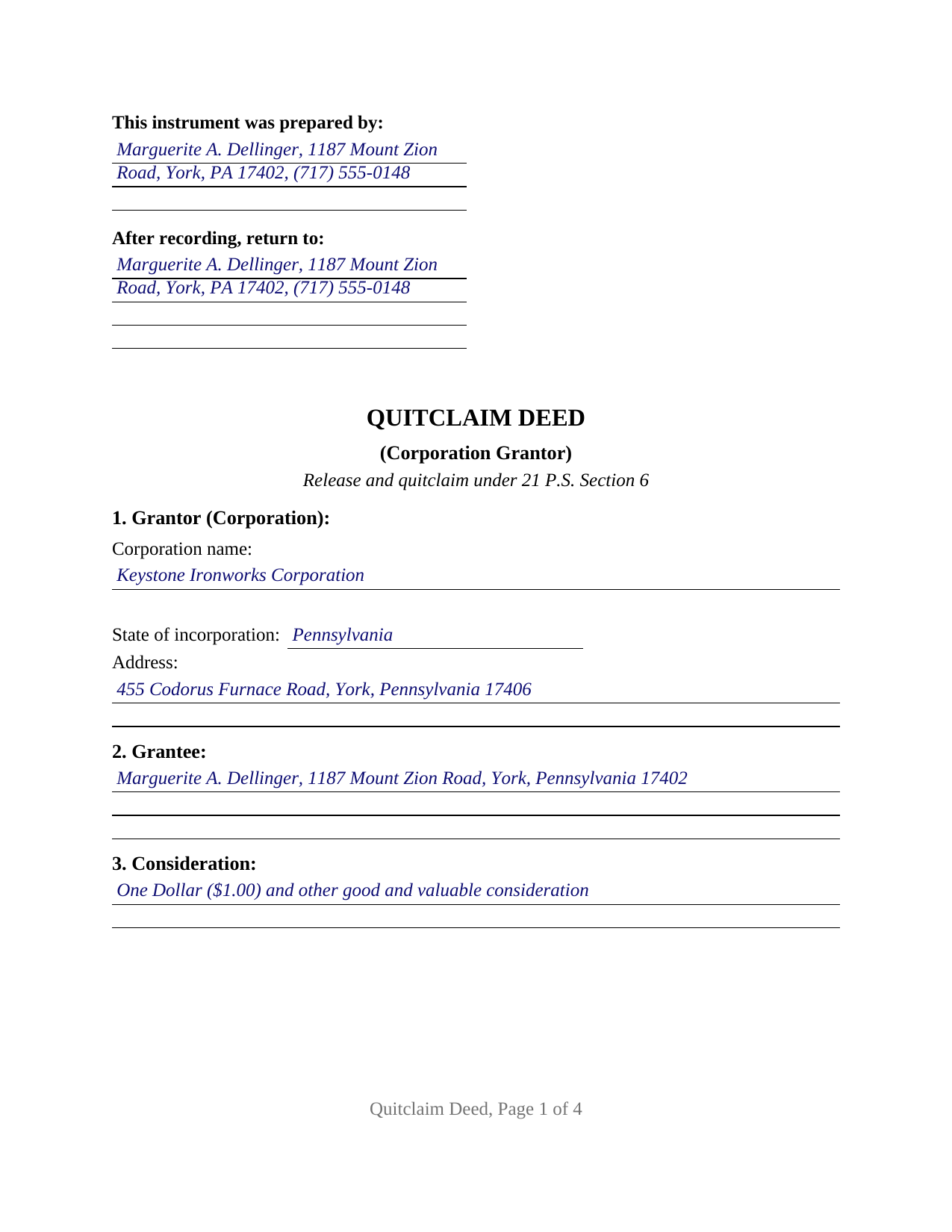 Lancaster County Completed Example of the Quitclaim Deed (Corporation Grantor) Document