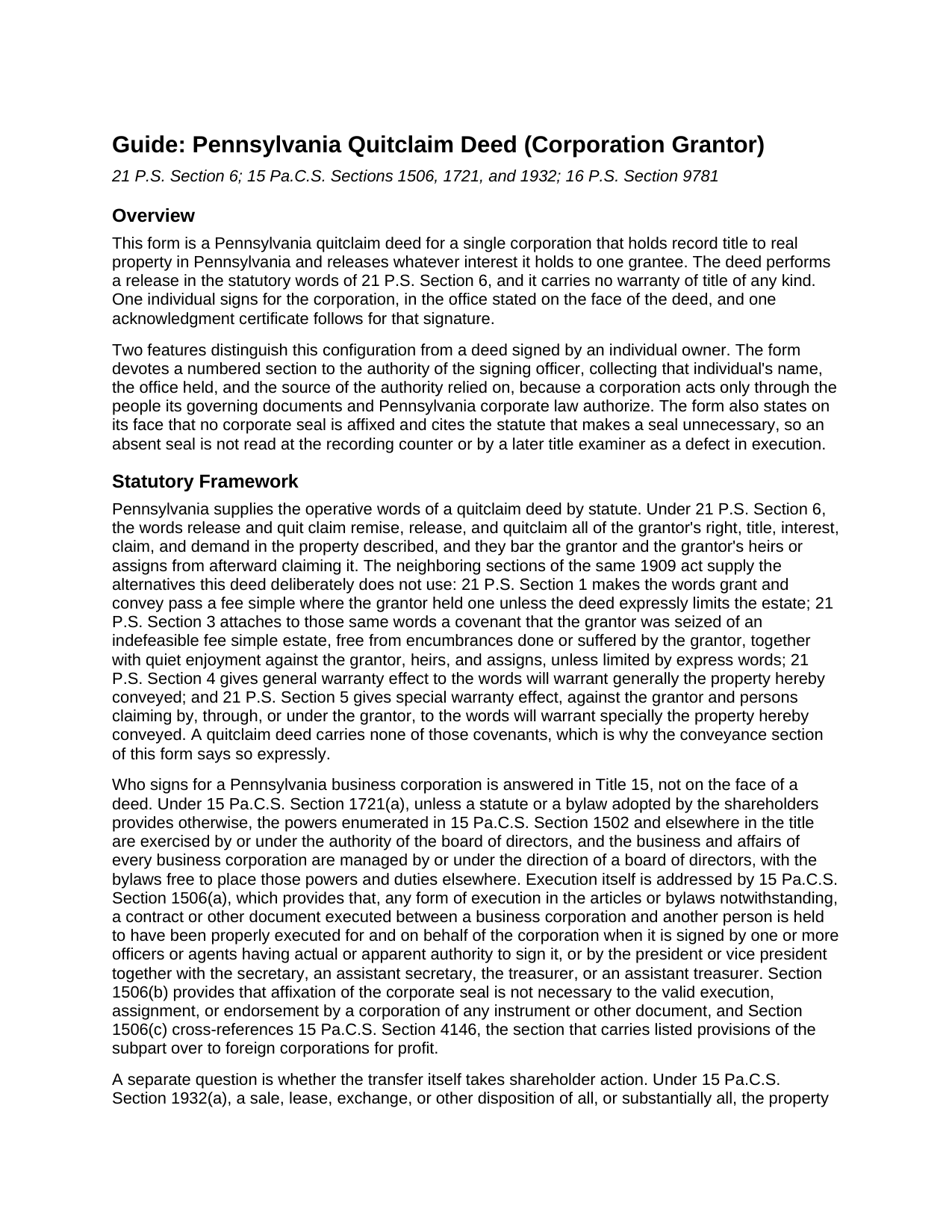 Lancaster County Quitclaim Deed (Corporation Grantor) Guide