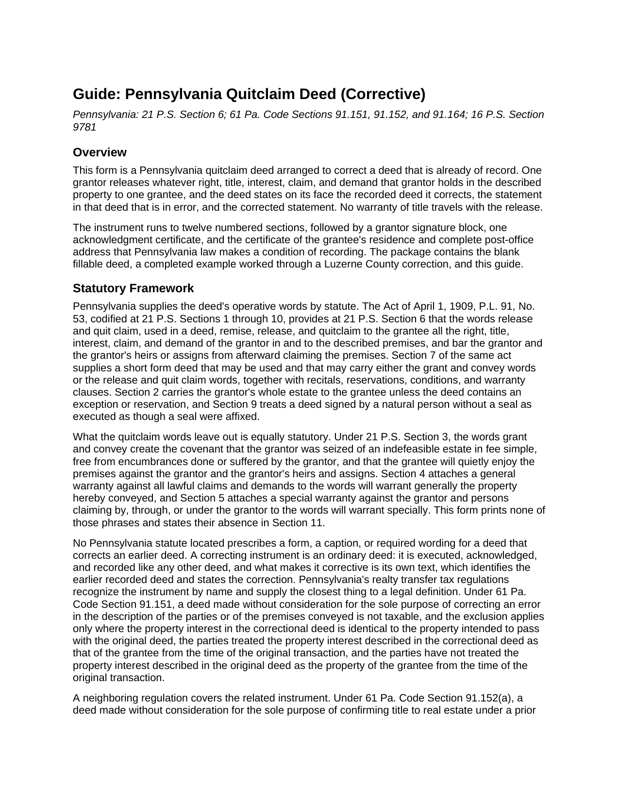 Bucks County Quitclaim Deed (Corrective) Guide