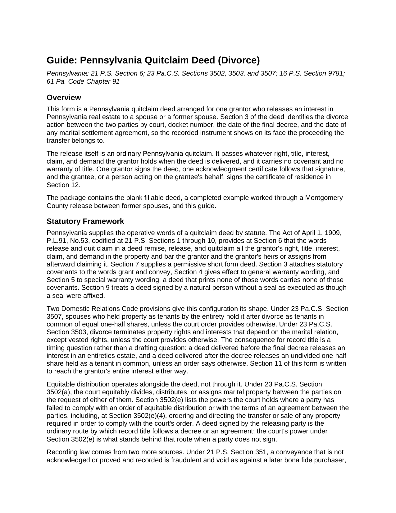 Westmoreland County Quitclaim Deed (Divorce) Guide
