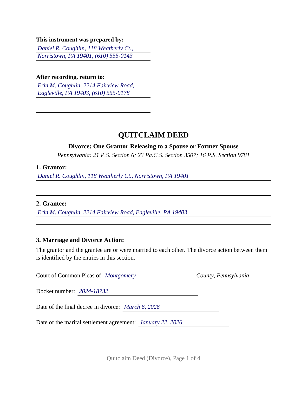 Westmoreland County Completed Example of the Quitclaim Deed (Divorce) Document