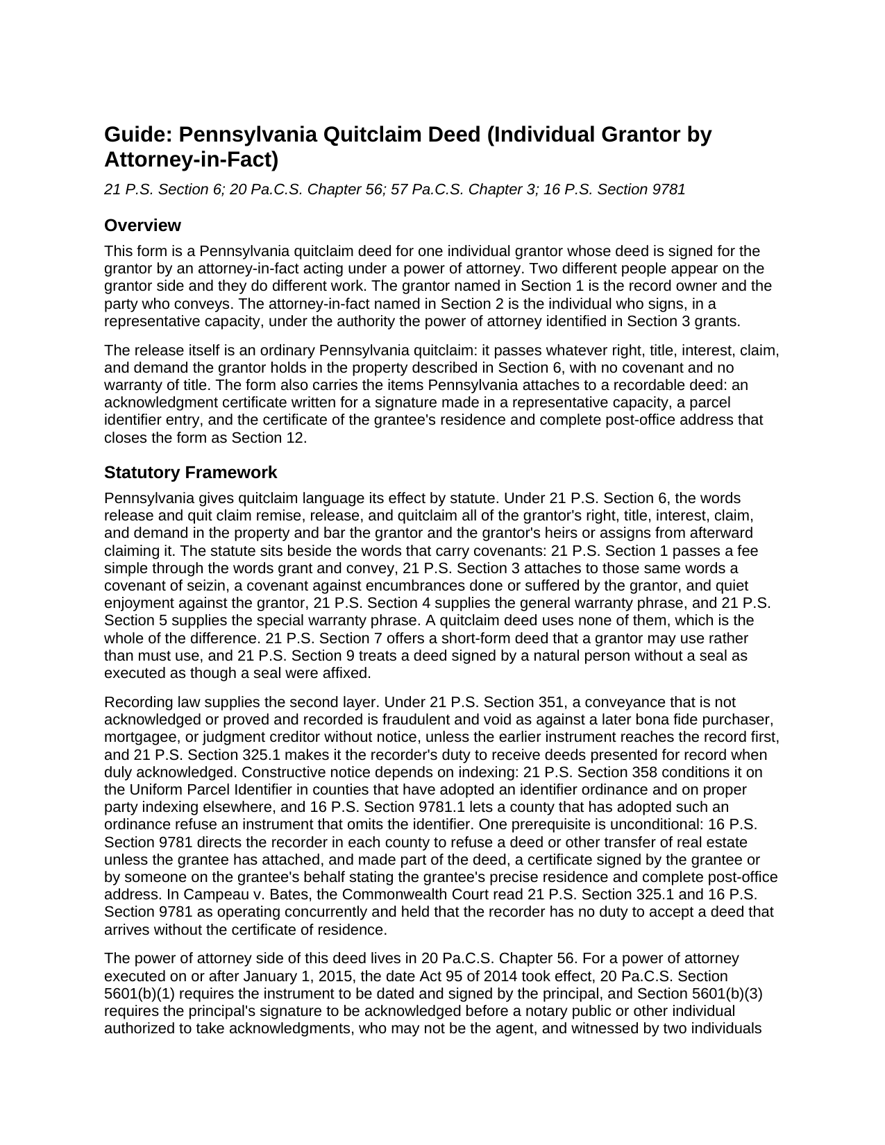 Beaver County Quitclaim Deed (Individual Grantor by Attorney-in-Fact) Guide