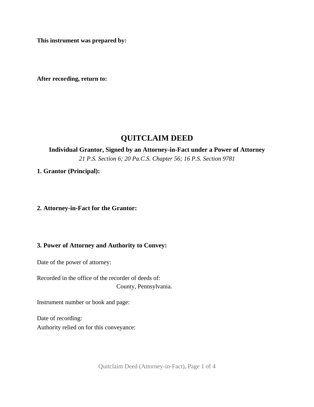 Beaver County Quitclaim Deed (Individual Grantor by Attorney-in-Fact) Form