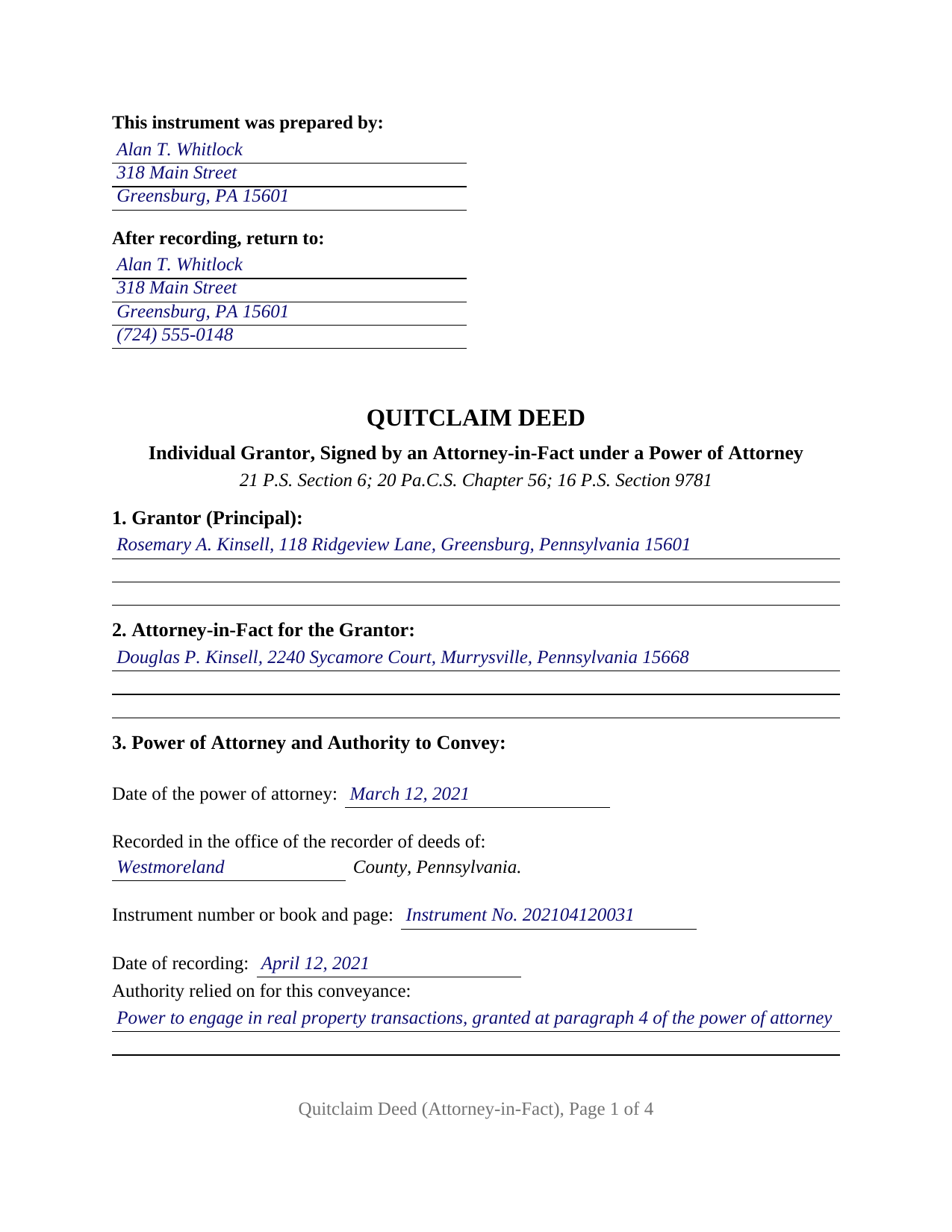 Beaver County Completed Example of the Quitclaim Deed (Individual Grantor by Attorney-in-Fact) Document