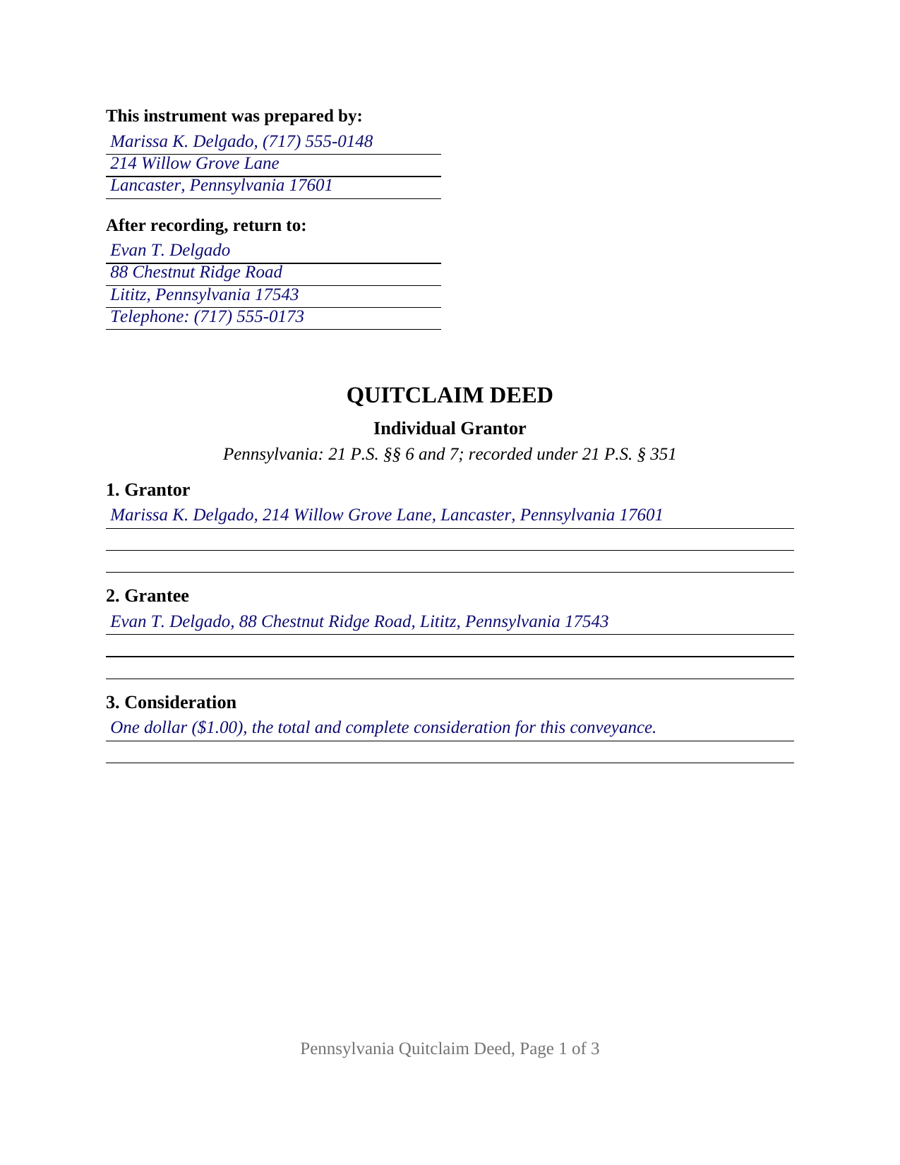 Dauphin County Completed Example of the Quitclaim Deed (Individual Grantor) Document