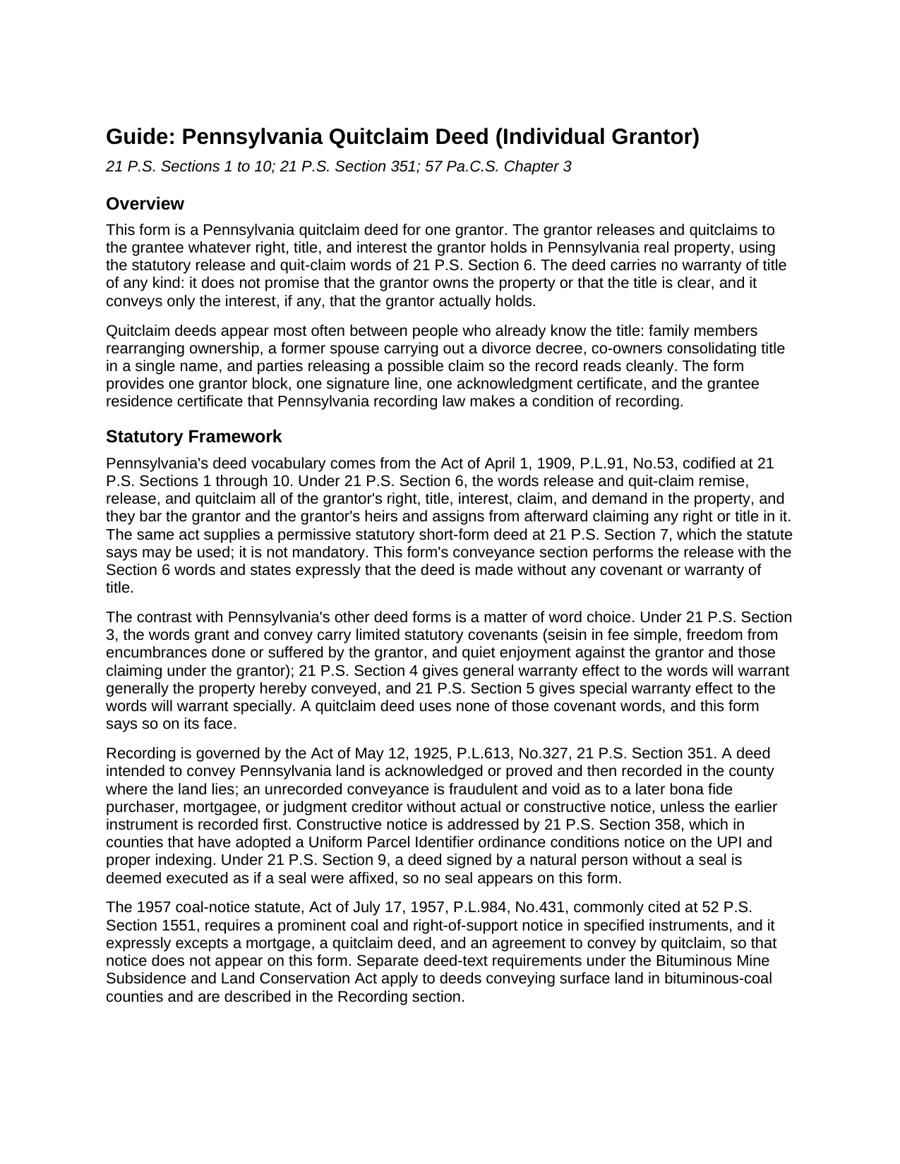 Dauphin County Quitclaim Deed (Individual Grantor) Guide