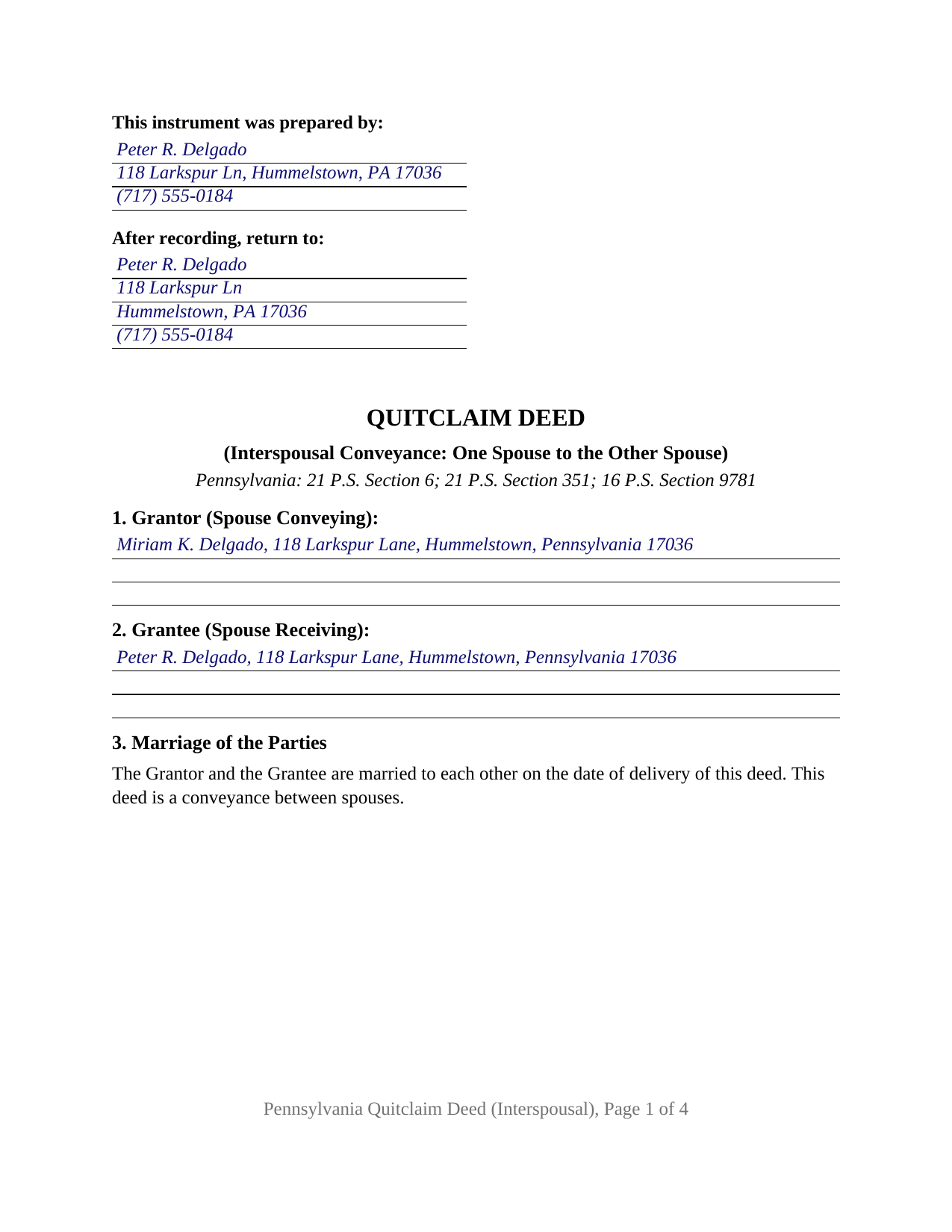 Wyoming County Completed Example of the Quitclaim Deed (Interspousal) Document