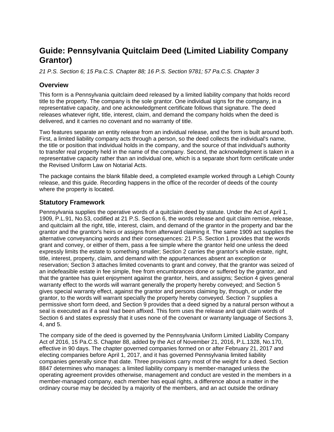 Schuylkill County Quitclaim Deed (LLC Grantor) Guide