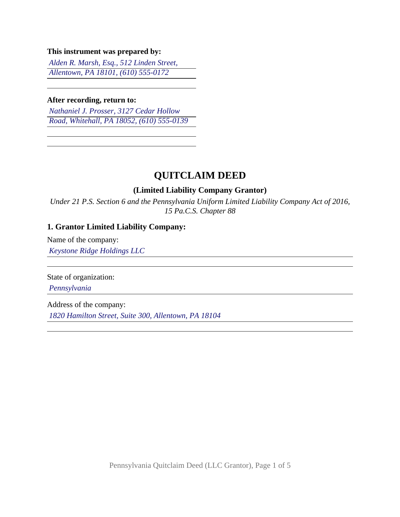 Schuylkill County Completed Example of the Quitclaim Deed (LLC Grantor) Document