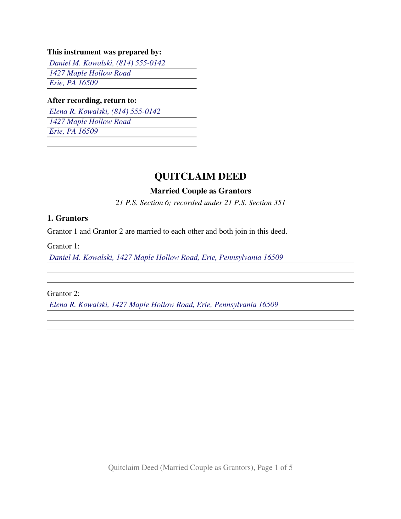 Mercer County Completed Example of the Quitclaim Deed (Married Couple as Grantors) Document